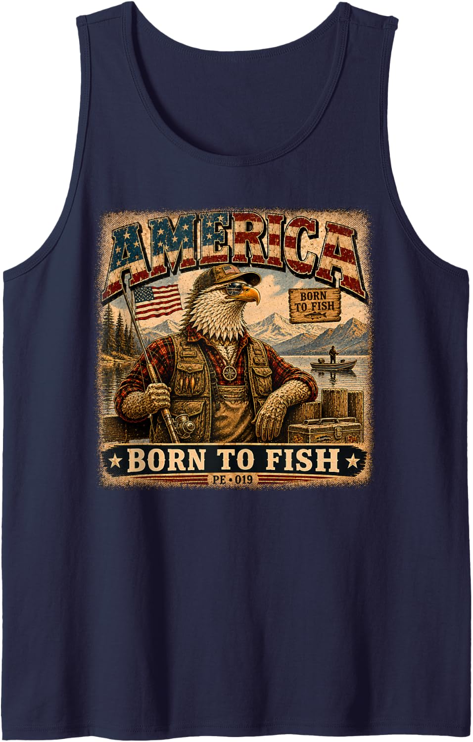 America | Live to Fish | Vintage Eagle Angler Sleeveless Tank Top - Navy Blue
