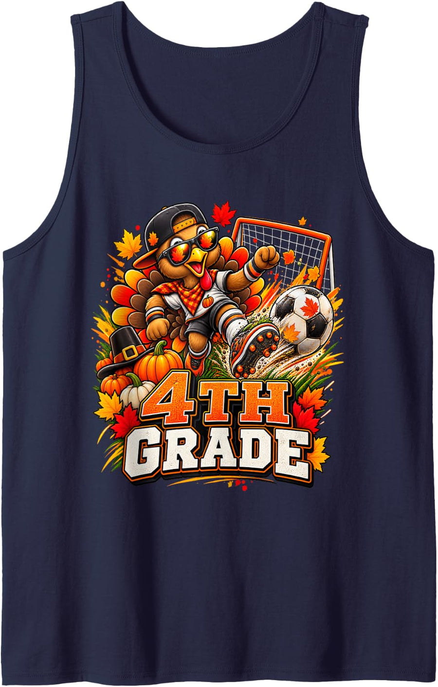 Funny Fourth Grade Turkey 4th Grade Soccer Thanksgiving Sleeveless Tank Top - Navy Blue