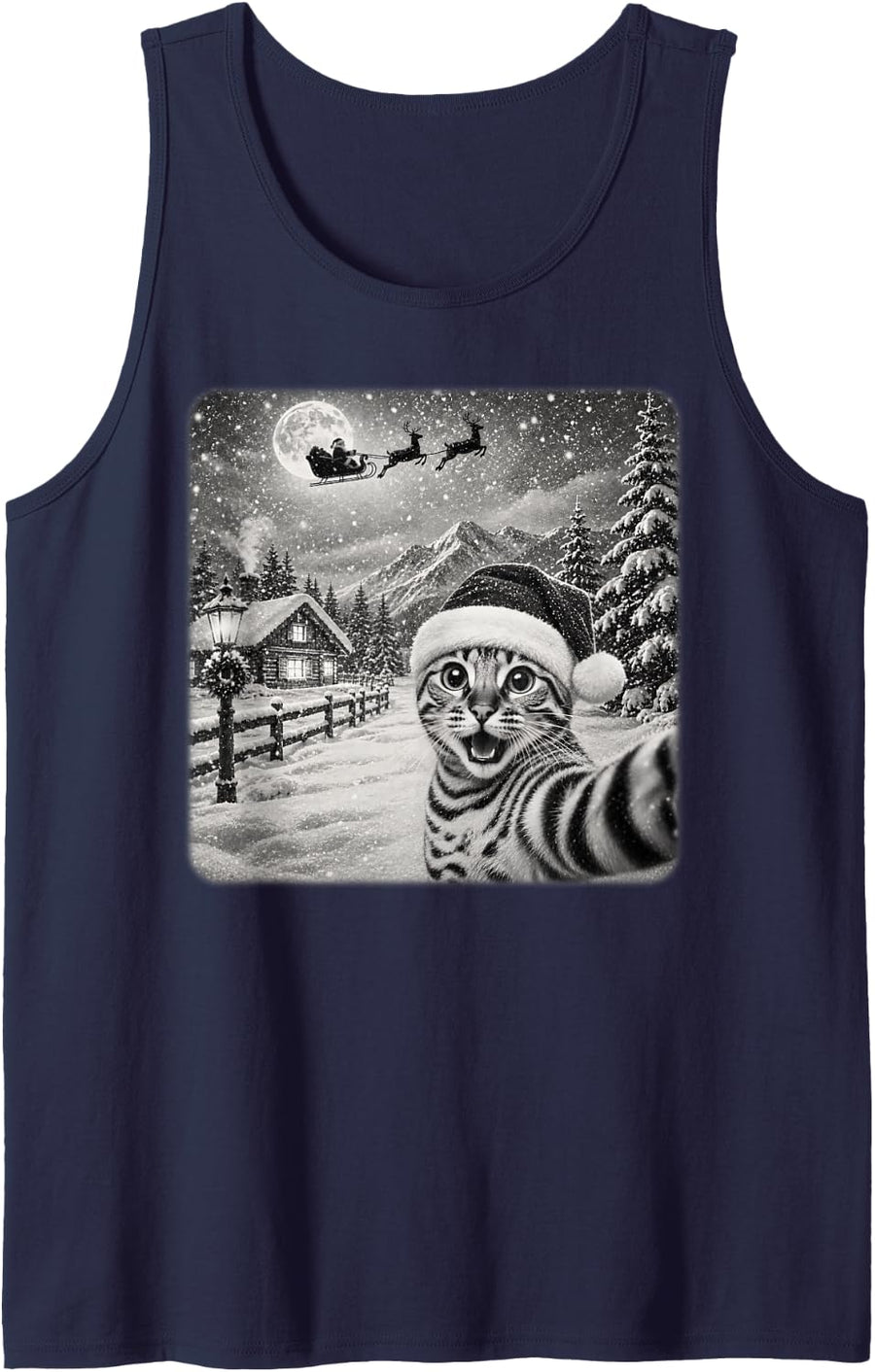 Xmas Moon Night Starry Santa Sleigh Fun Bengal Cat Christmas Sleeveless Tank Top - Navy Blue
