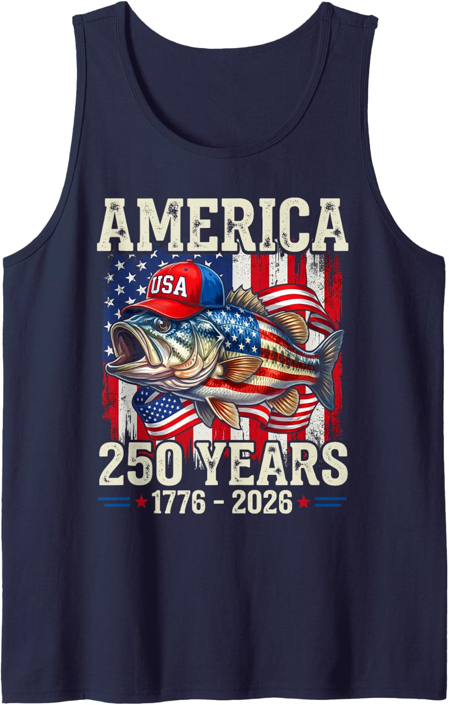 250 Years 1776 2026 Bass Fishing USA Flag 250th Birthday Men Tank Top - Navy Blue
