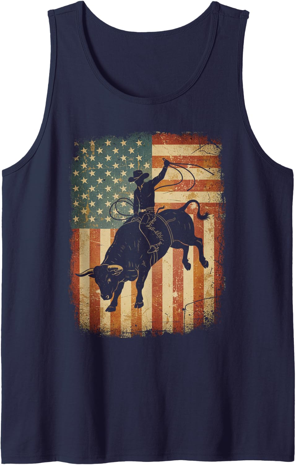 American Flag Rodeo USA Cowboy Bull Rider Western Men Tank Top - Navy Blue