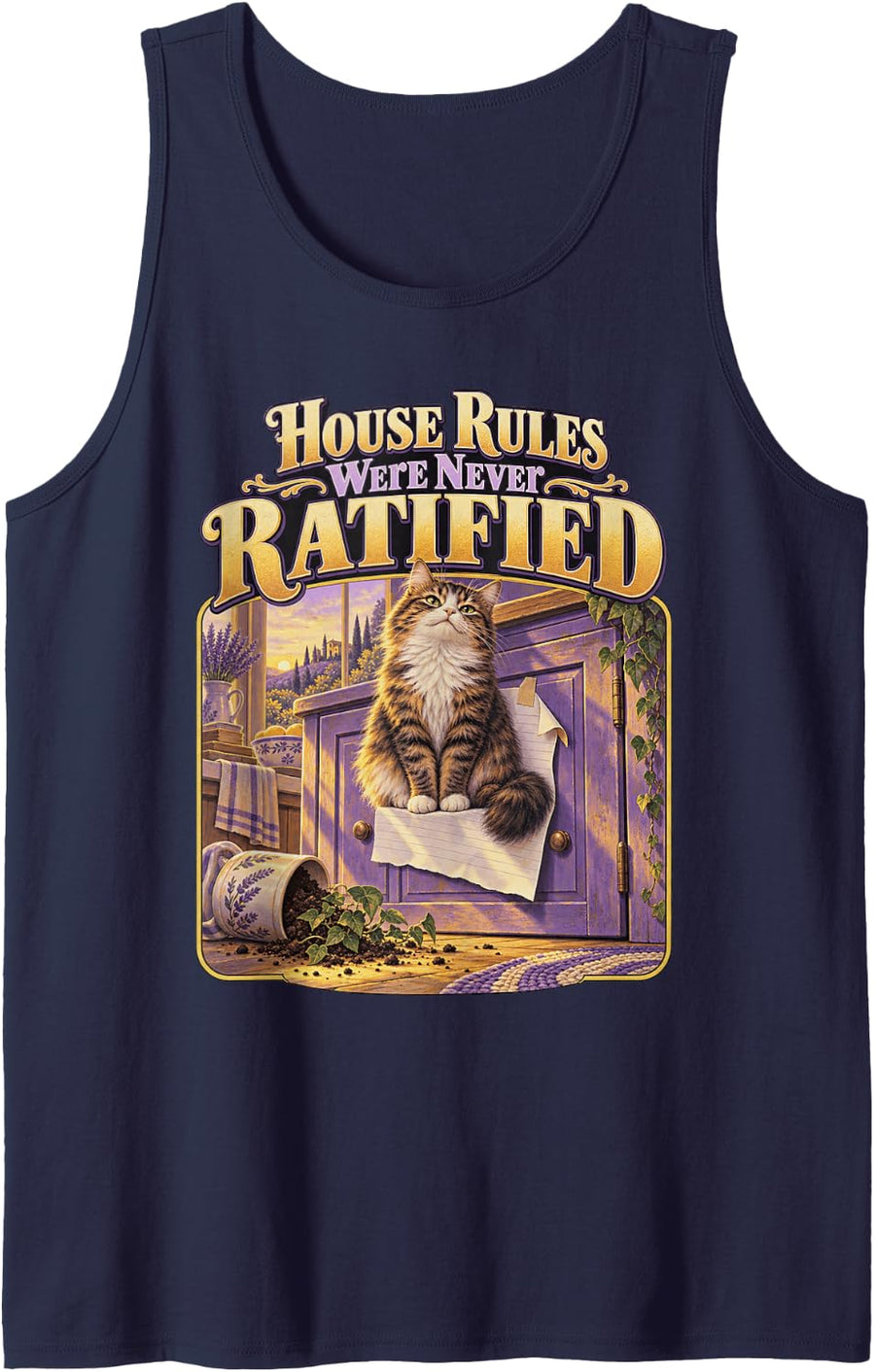 House Rules were Never Ratified Cat Lover Graphic Sleeveless Tank Top - Navy Blue
