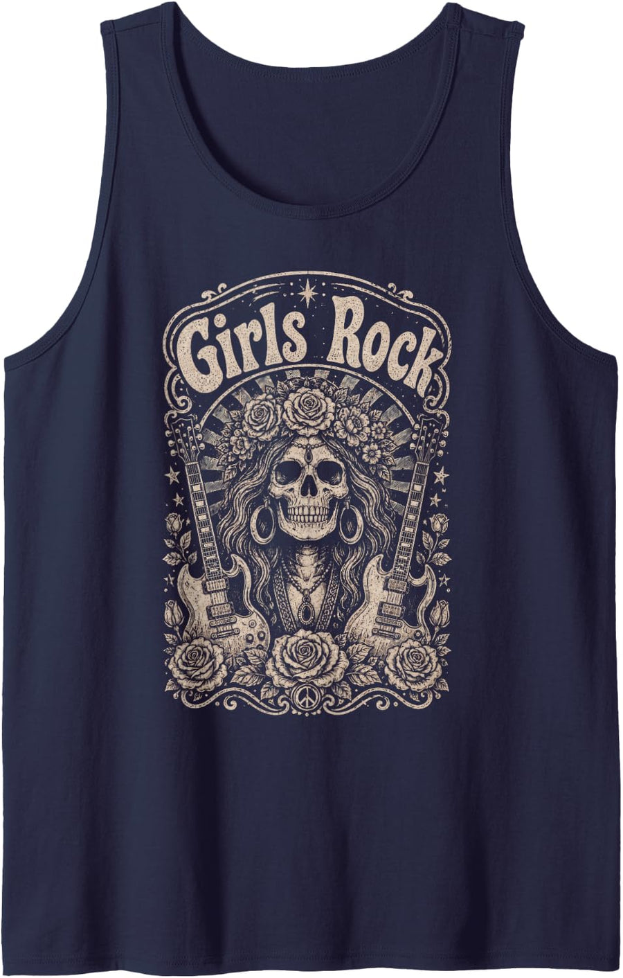 Girls Rock Skull Guitar Roses Boho Rock'n Roll Gifts Tank Top - Navy Blue