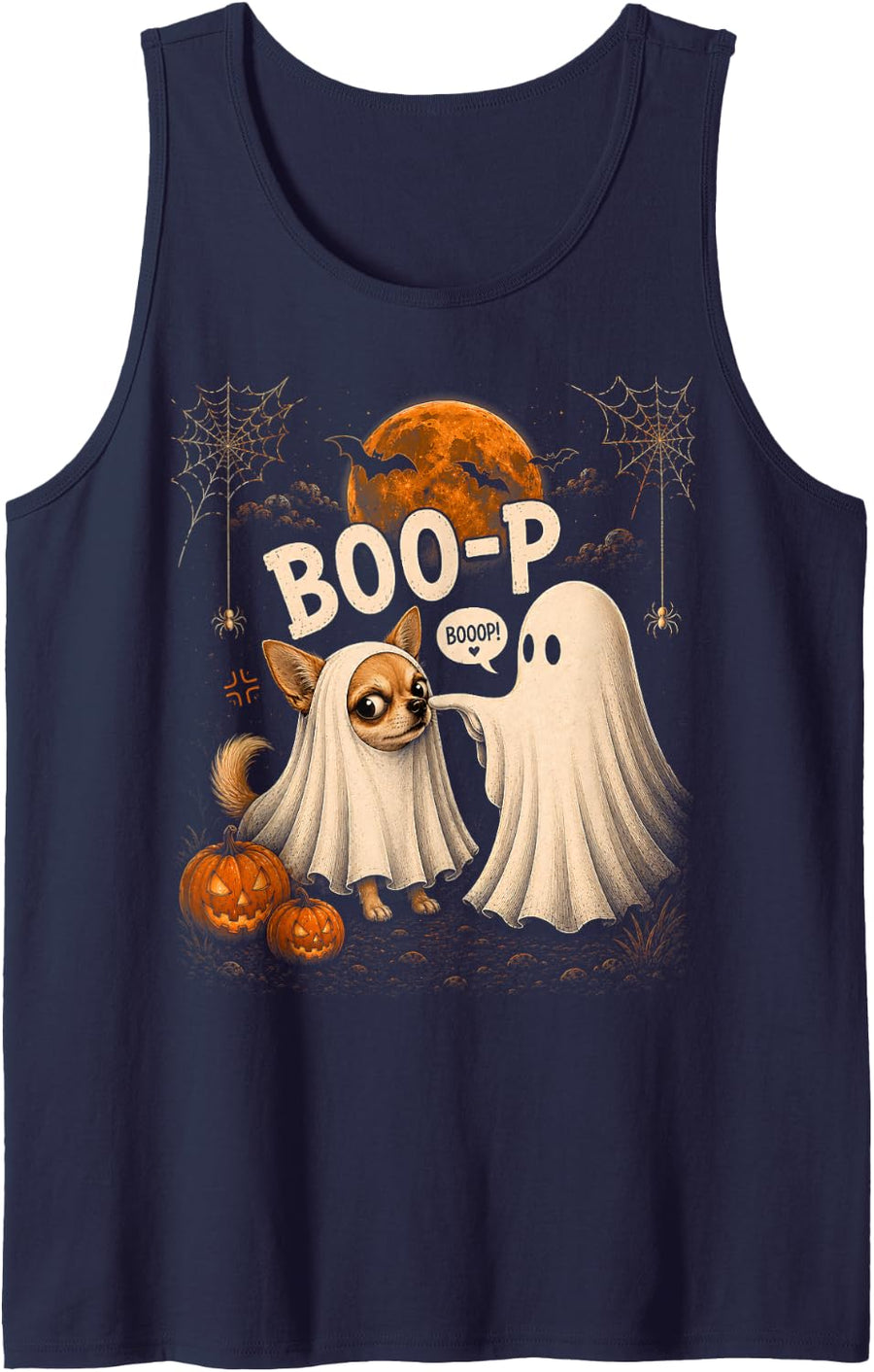Funny Chihuahua Ghost Halloween Boo-p Dog Mom Dad Costume Sleeveless Tank Top - Navy Blue