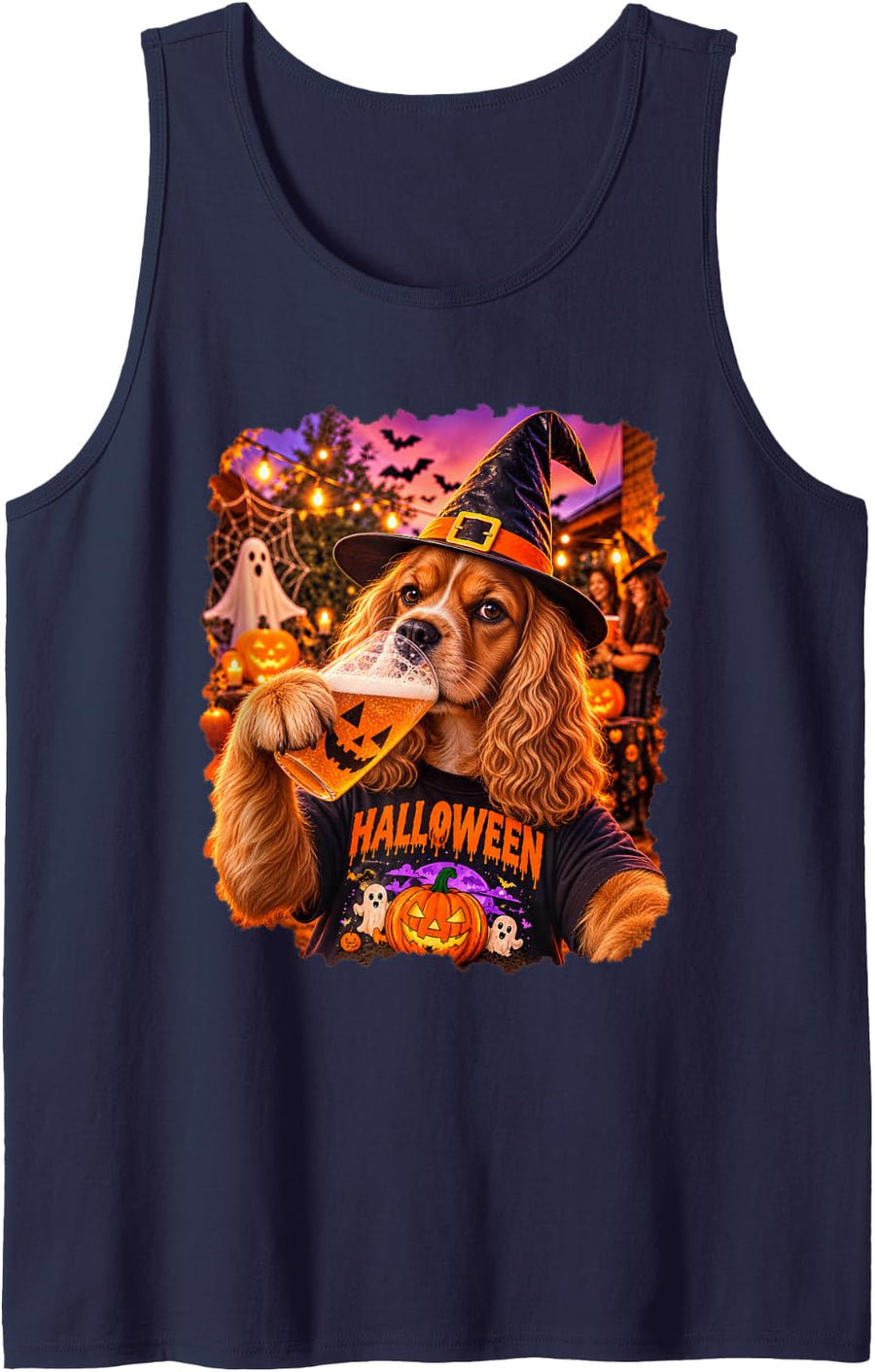 Halloween Cocker Spaniel Drinking Pumpkin Cup Funny Costume Tank Top - Navy Blue