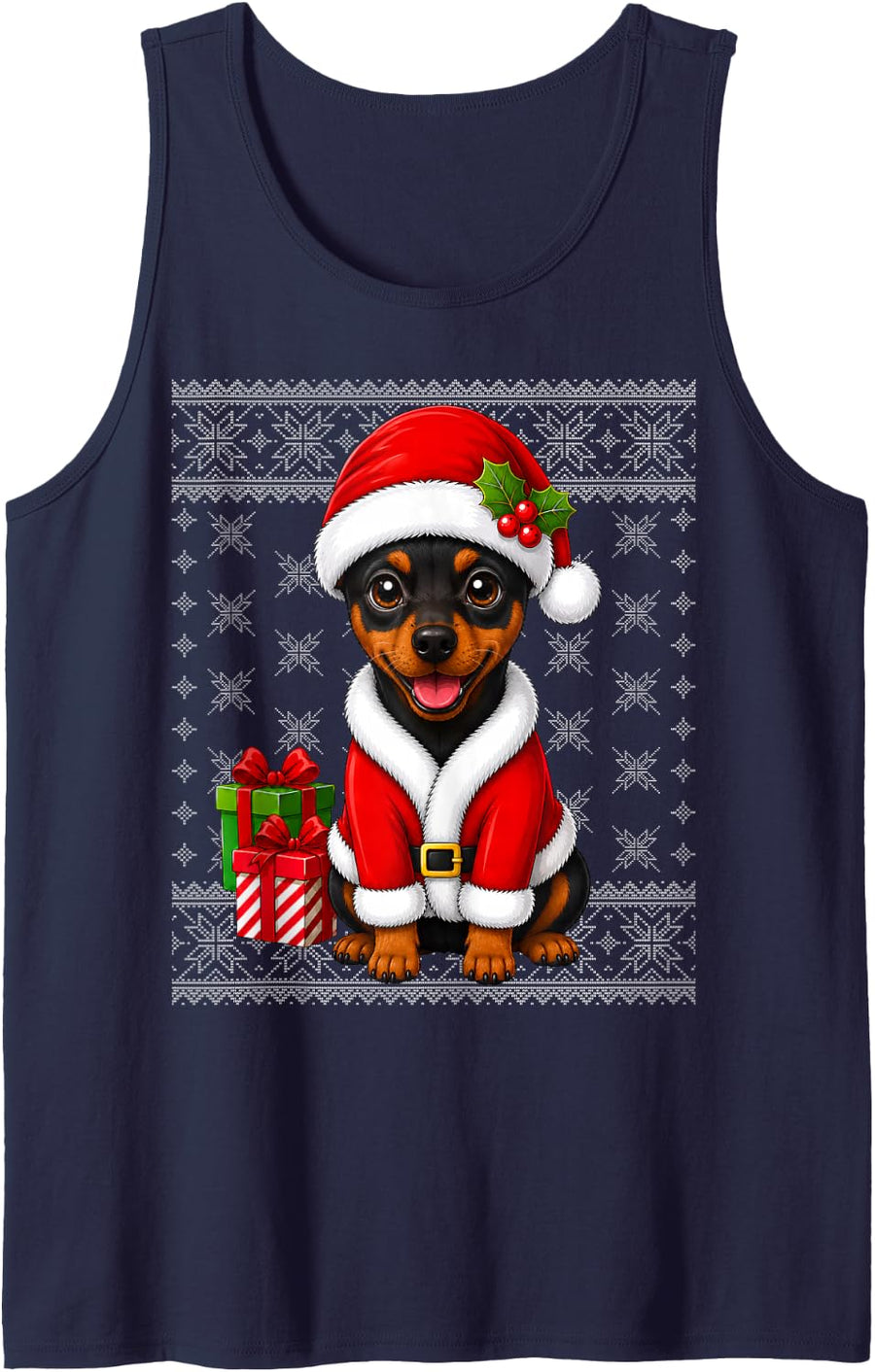 Doberman Pinscher Dog in Christmas Santa Costume Ugly Xmas Sleeveless Tank Top - Navy Blue