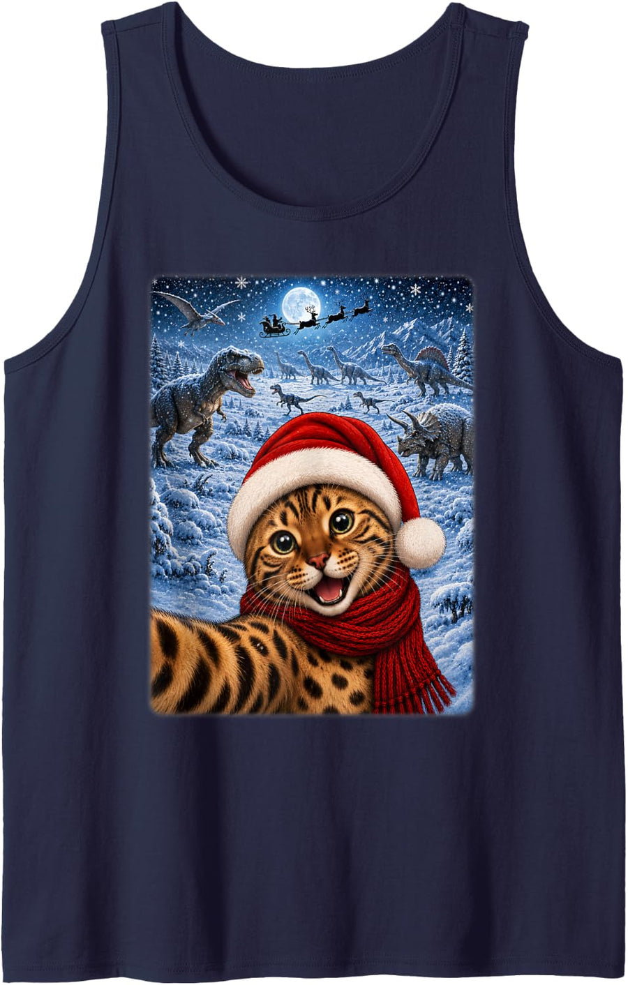 Xmas Dinosaurs Moon Night Starry Themed Bengal Cat Christmas Tank Top - Navy Blue