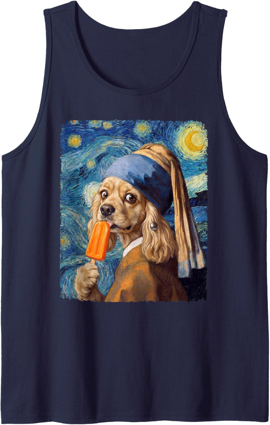Cocker Spaniel Dog Ice Pop Pearl Earring The Starry Night Sleeveless Tank Top - Navy Blue