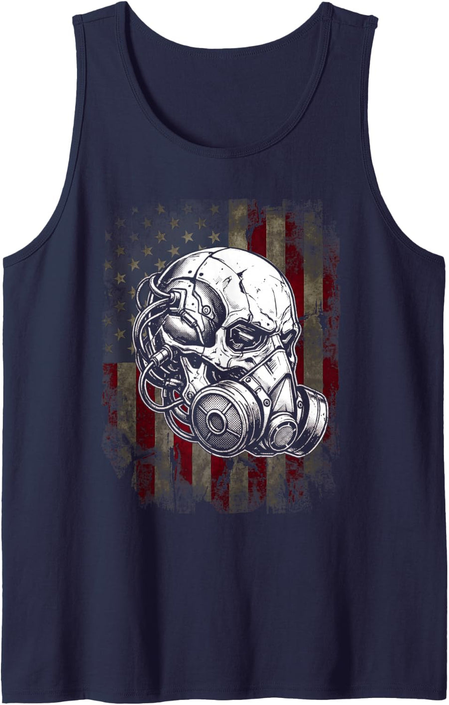 Cyberpunk Skull Gas Mask American Flag USA Patriotic Graphic Sleeveless Tank Top - Navy Blue