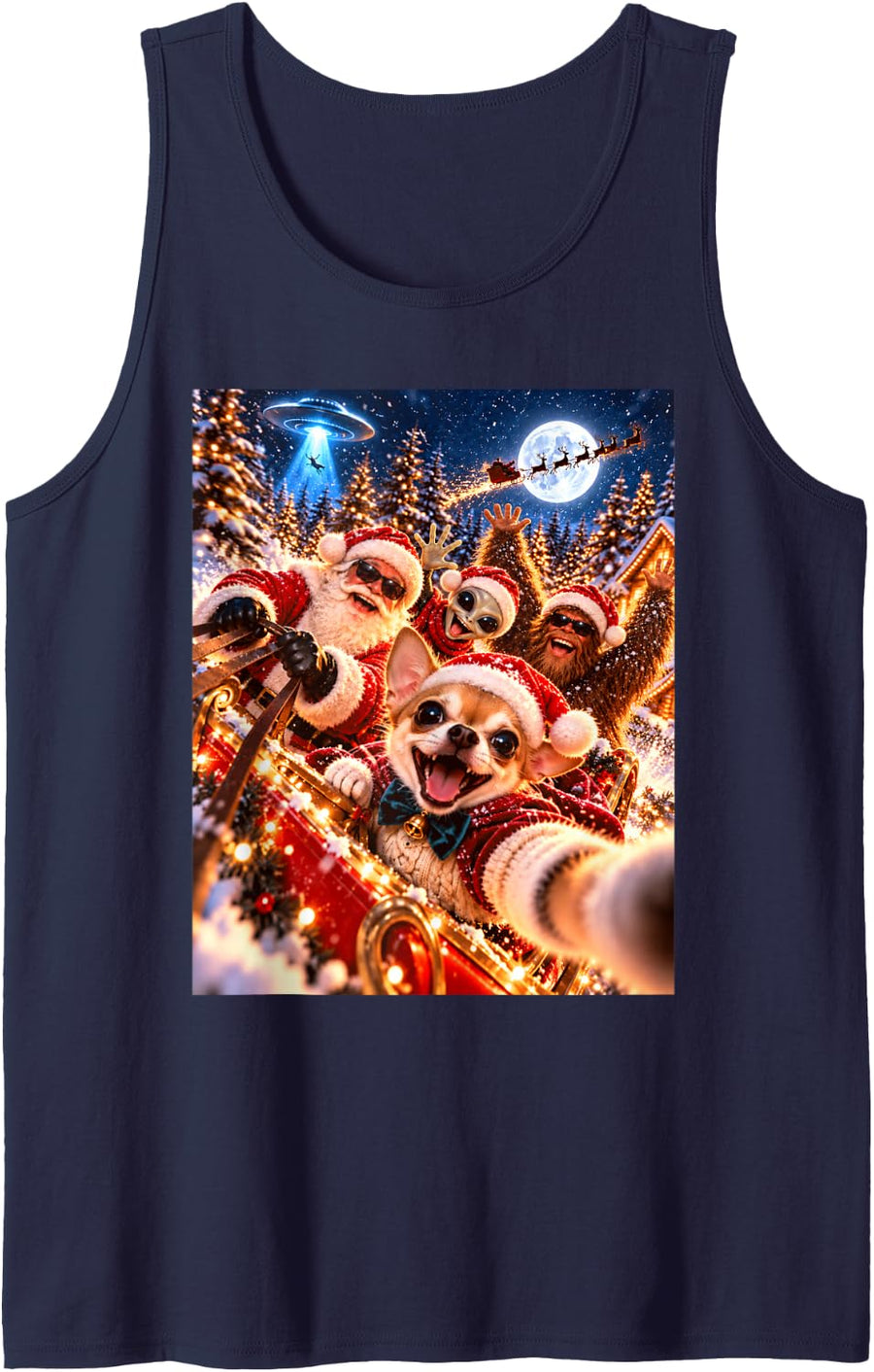 Cheerful Chihuahua Santa Christmas Selfie UFO Graphic Sleeveless Tank Top - Navy Blue