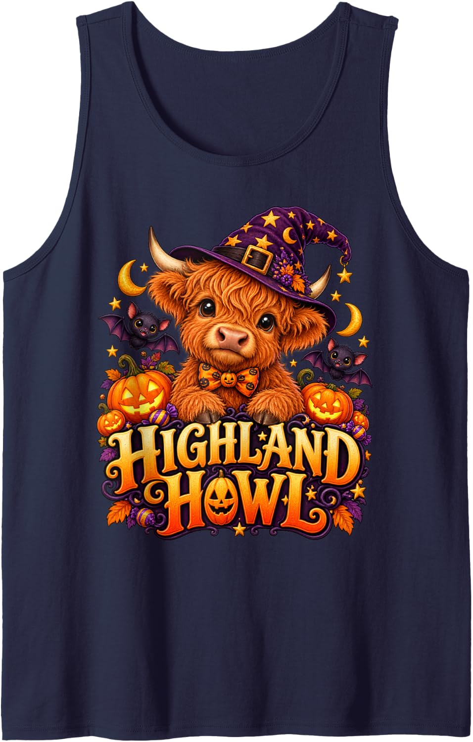 Cute Highland Cow Witch Hat Halloween - Highland Howl Sleeveless Tank Top - Navy Blue