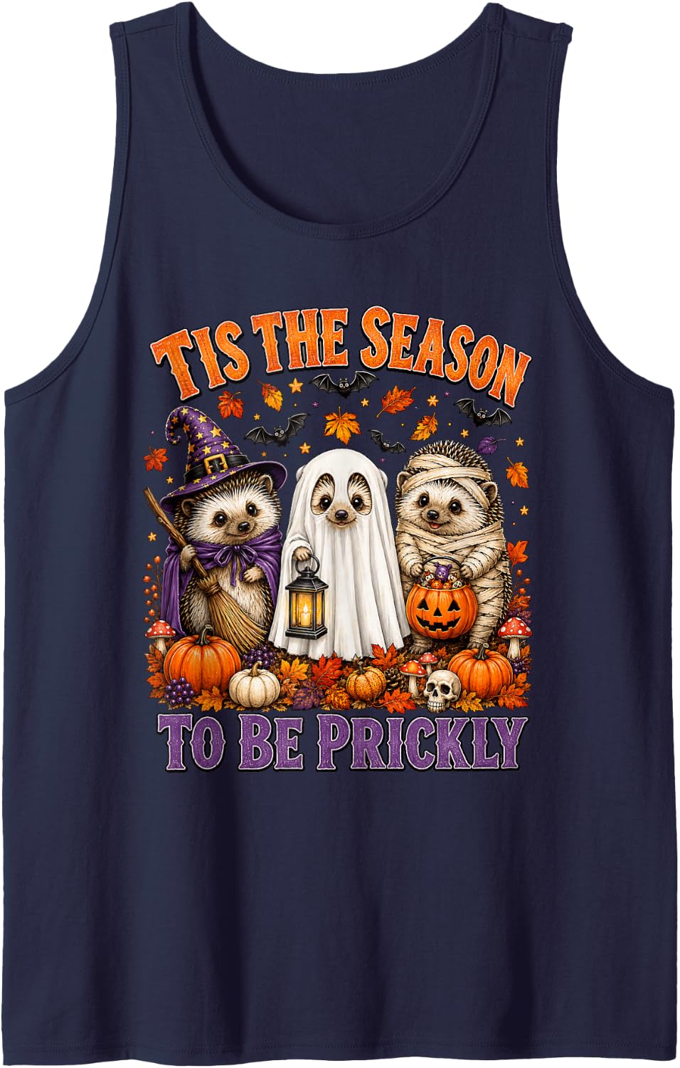 Cute Hedgehog Halloween Witch Ghost Mummy Hedgehog Lovers Sleeveless Tank Top - Navy Blue
