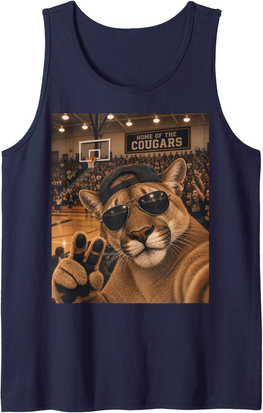Cougar Selfie Funny Basketball Vintage Game Day Cool Mascot Sleeveless Tank Top - Navy Blue