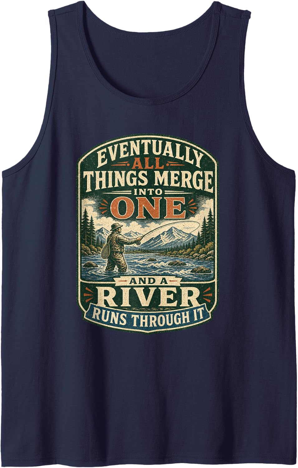 A River Runs Through It Vintage Fly Fishing Sleeveless Tank Top - Navy Blue