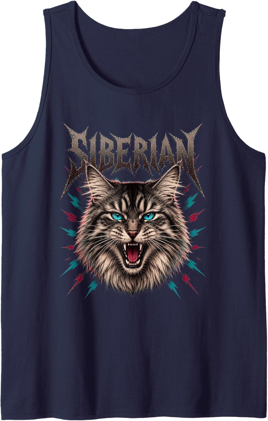Siberian Heavy Metal Cat Spooky Season Halloween Vintage 80s Tank Top - Navy Blue