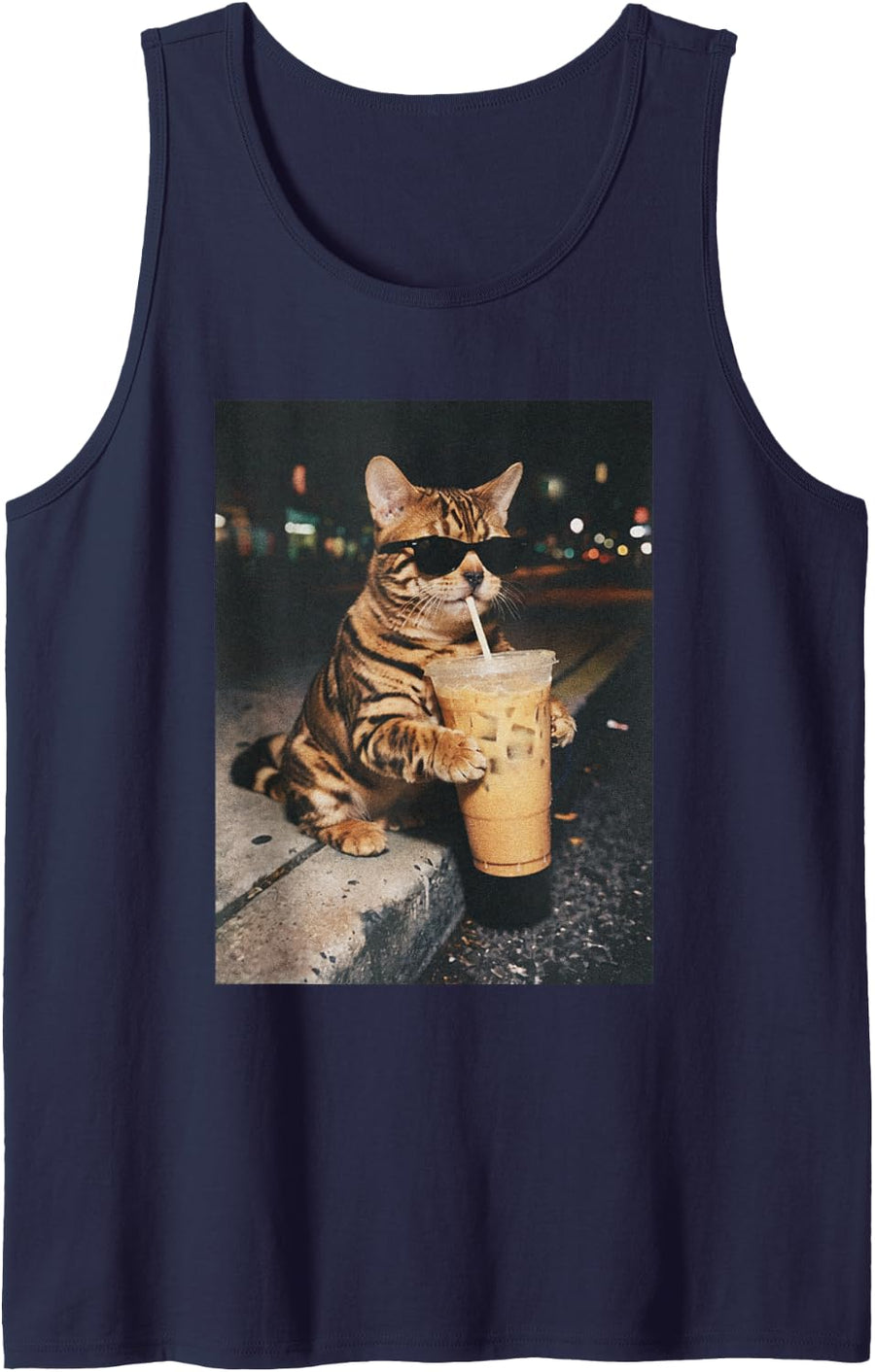 Cool Bengal Cat with Sunglasses Drinking Iced Coffee Sleeveless Tank Top - Navy Blue