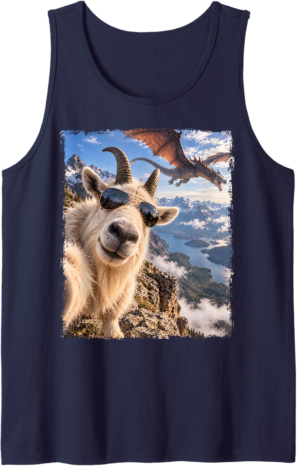 Mountain Goat Selfie with Dragon Sleeveless Tank Top - Navy Blue