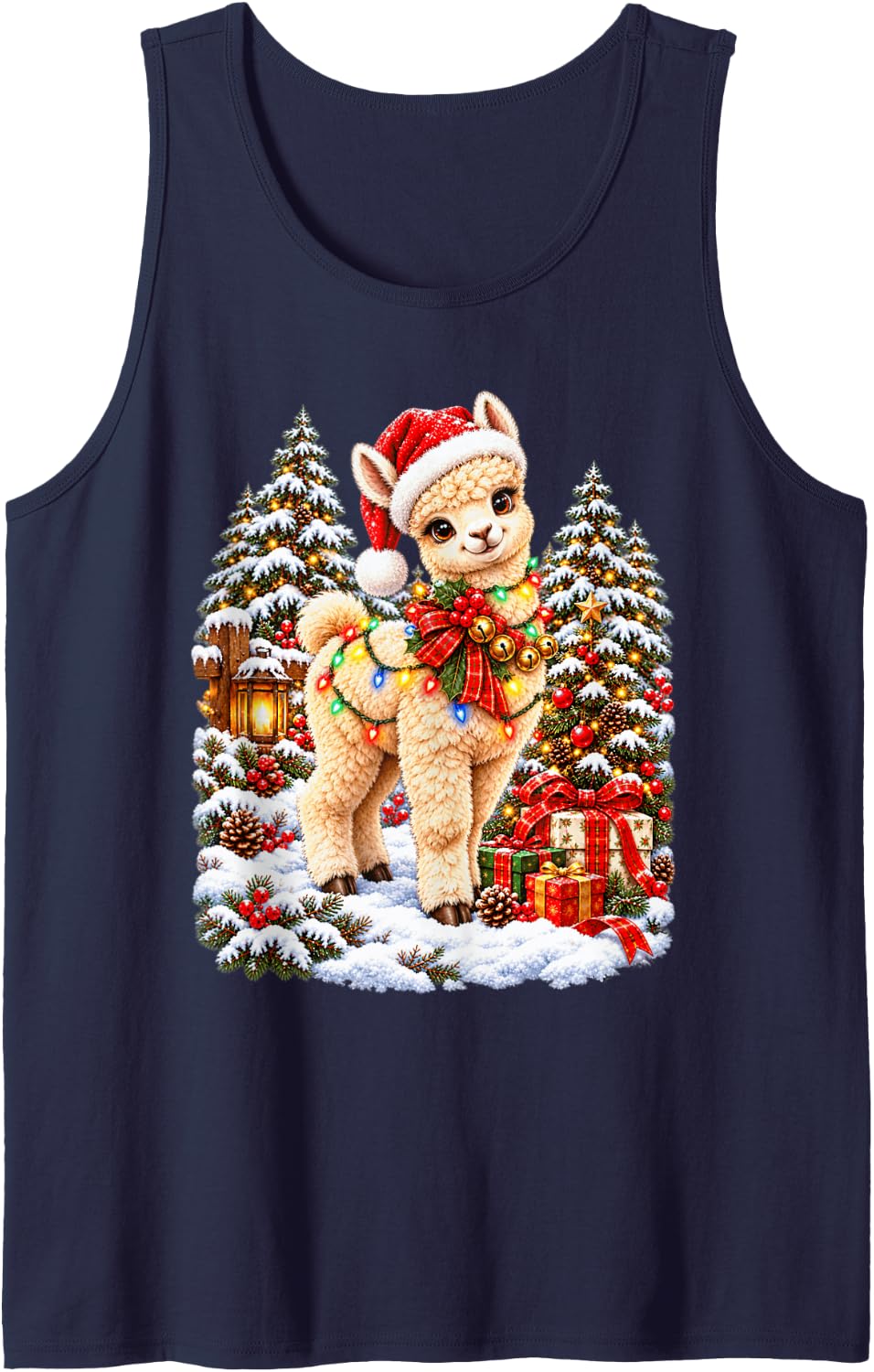 Adorable Alpaca Christmas Santa Snow Scene Sleeveless Tank Top - Navy Blue