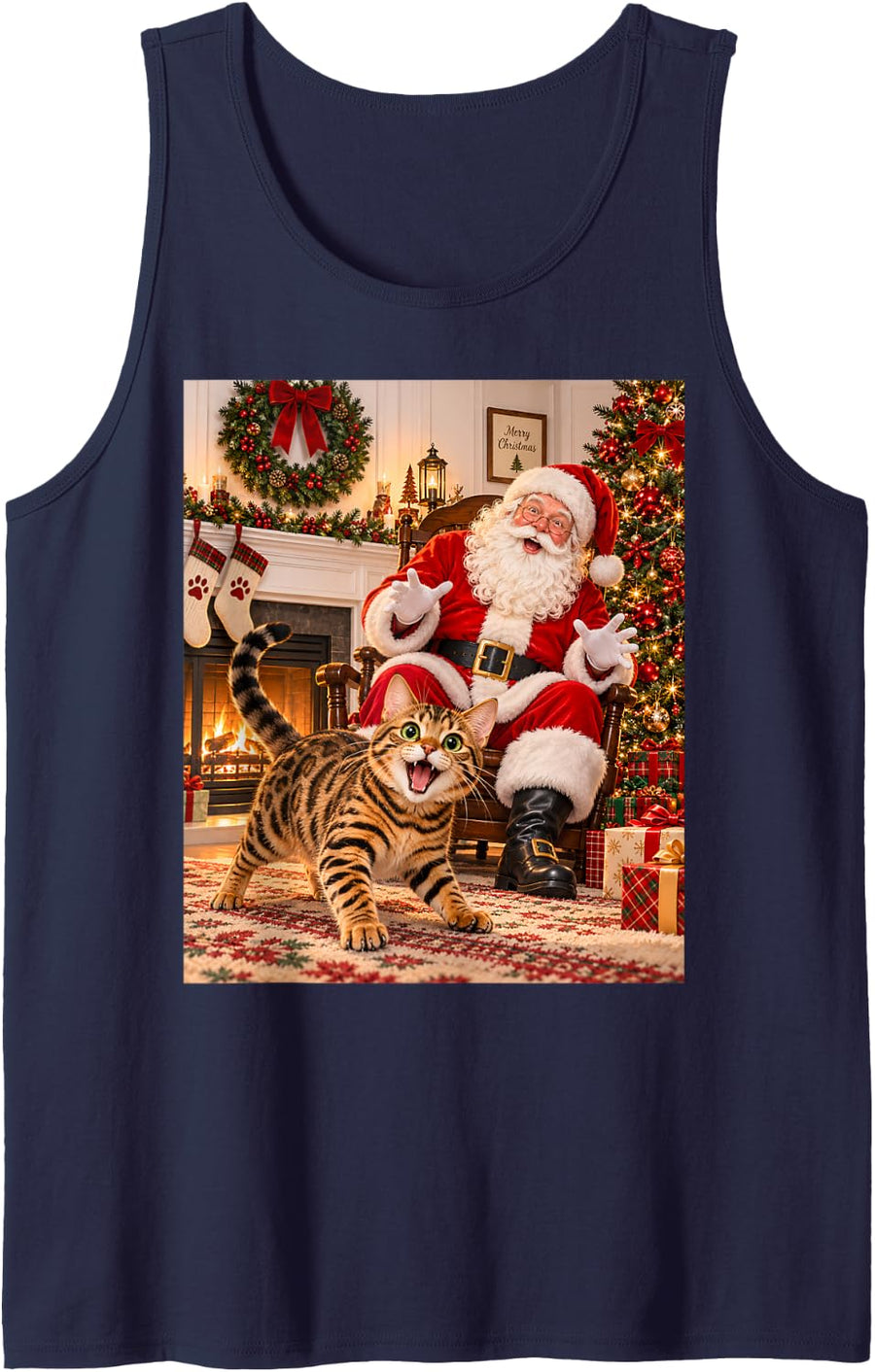 Funny Festive Santa Bengal Cat Christmas Cheer Sleeveless Tank Top - Navy Blue