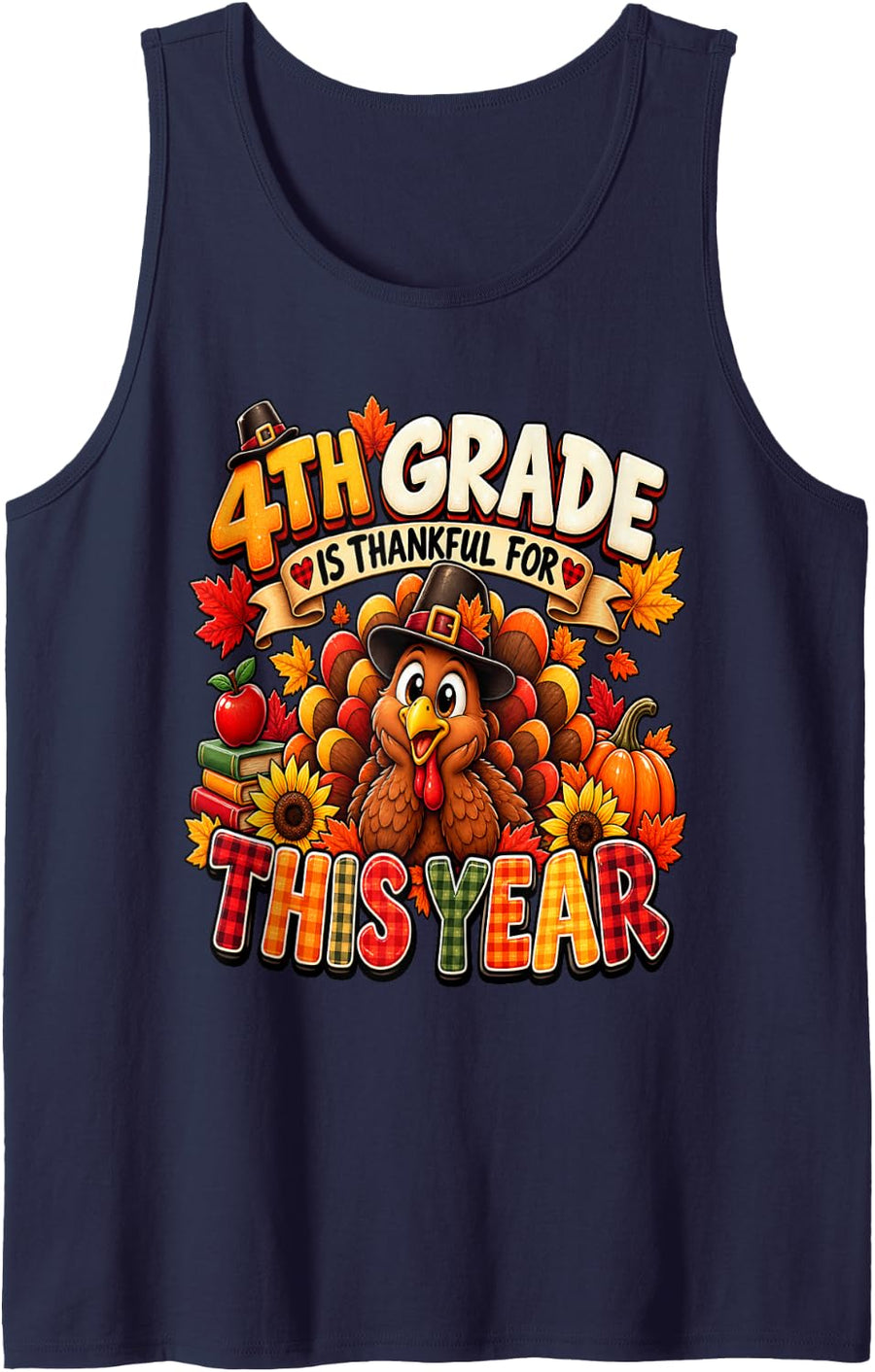 Thankful Fourth Grade Turkey 4th Grade Thanksgiving Sleeveless Tank Top - Navy Blue