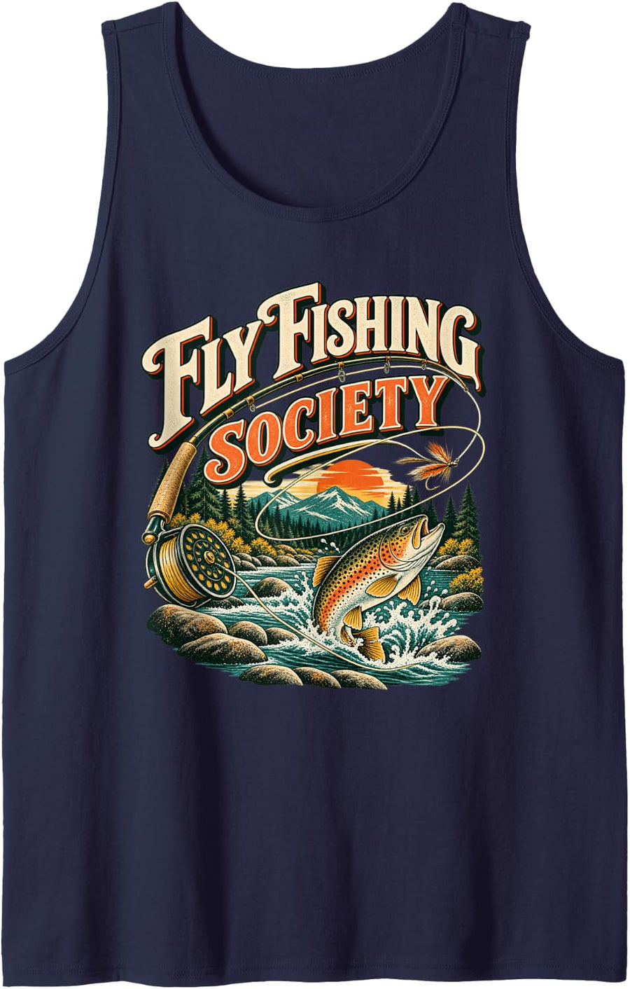 Fly Fishing Society Vintage Trout Angler Sleeveless Tank Top - Navy Blue