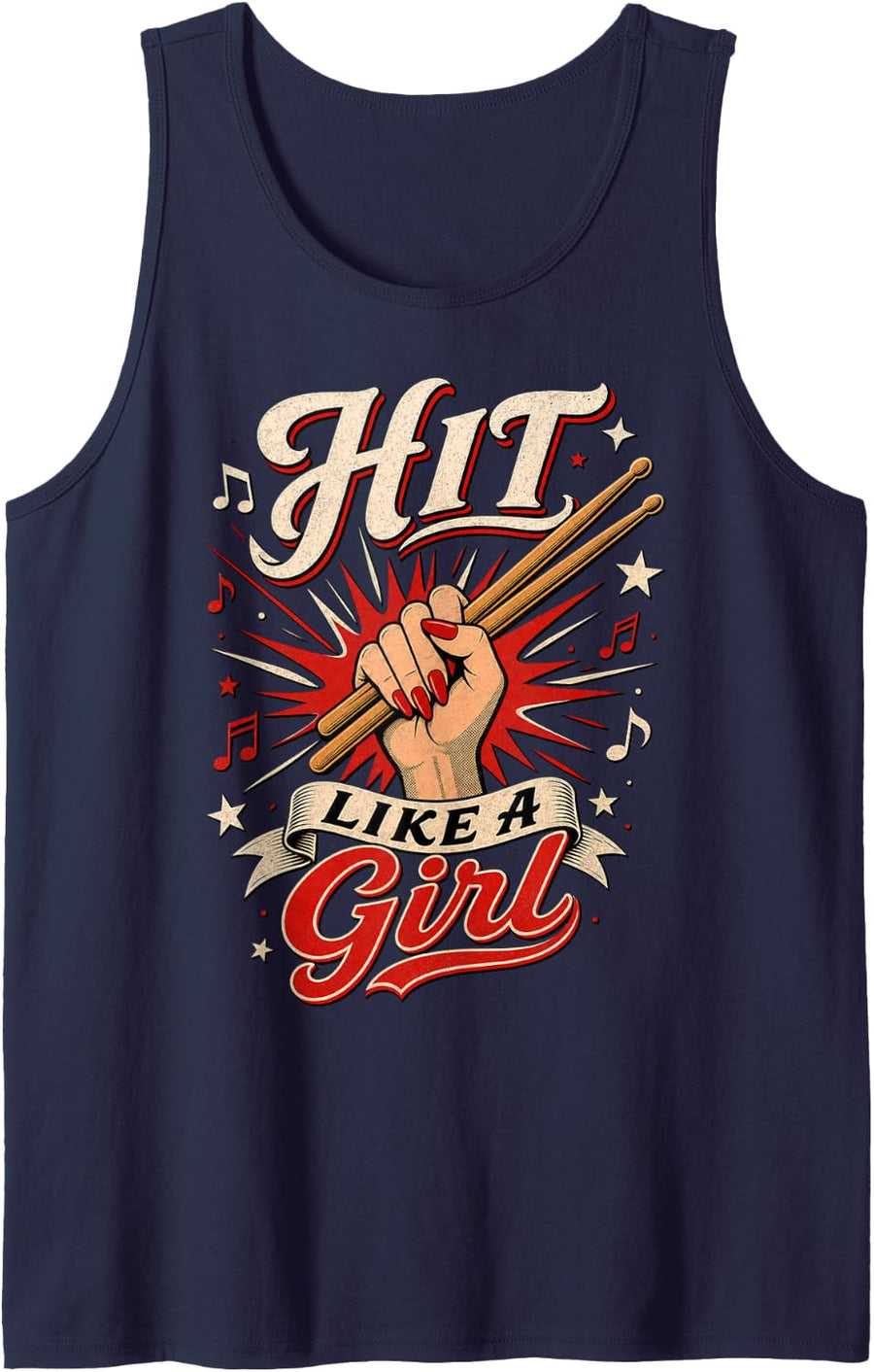 Hit Like A Girl Drummer Graphic Art Sleeveless Tank Top - Navy Blue