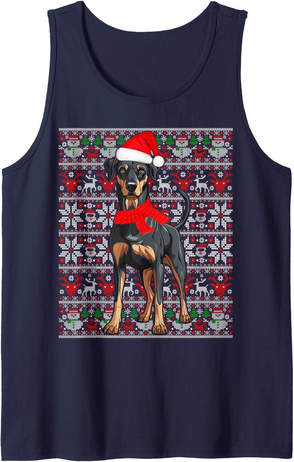 Santa Hat Ugly Christmas Sweater Doberman Pinscher Dog Lover Sleeveless Tank Top - Navy Blue
