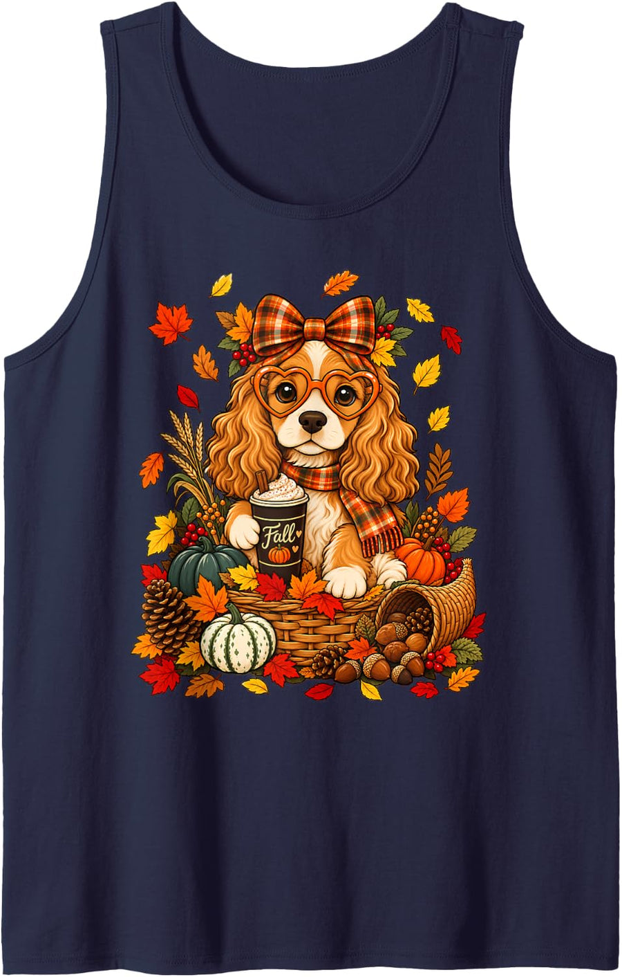 Coquette Bow Cocker Spaniel Pumpkin Spice Fall Thanksgiving Sleeveless Tank Top - Navy Blue
