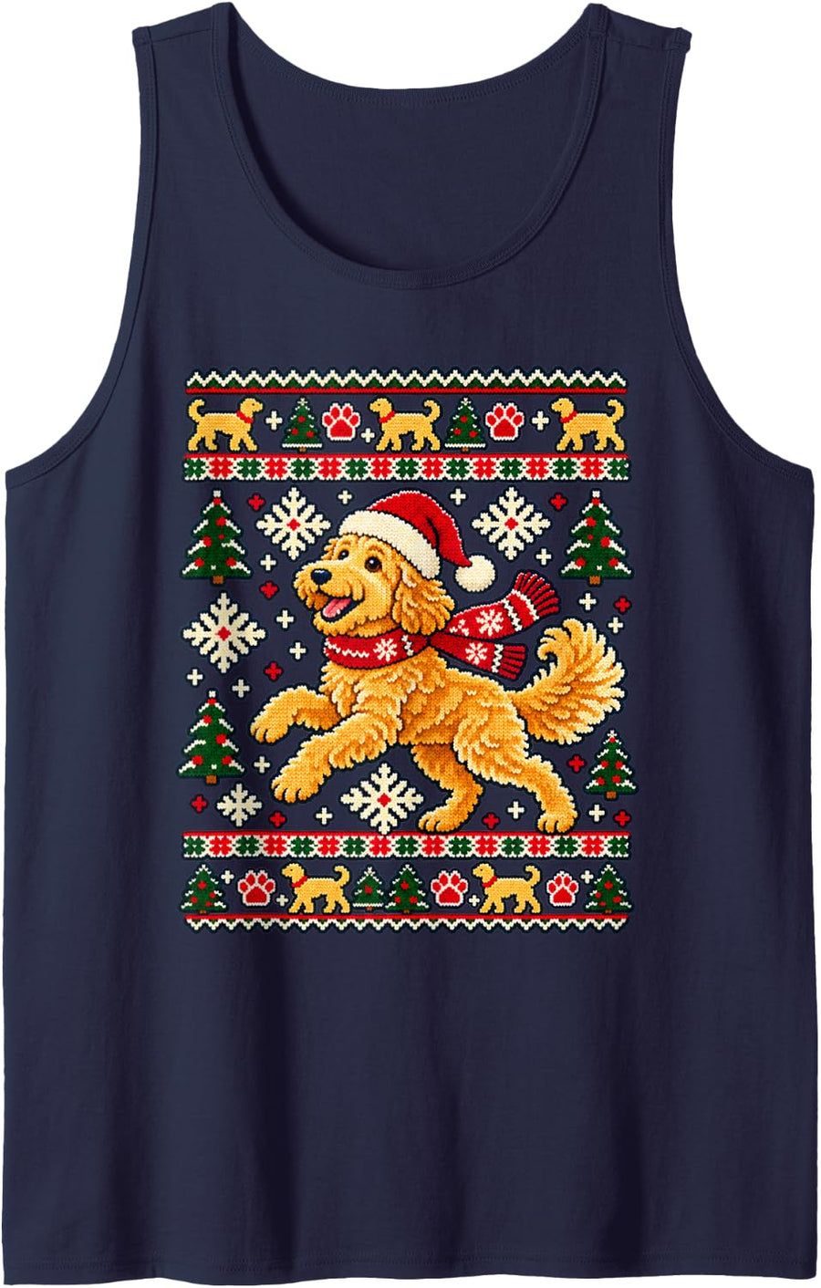 Christmas Goldendoodle Ugly Sweater Santa Doodle Dog Sleeveless Tank Top - Navy Blue