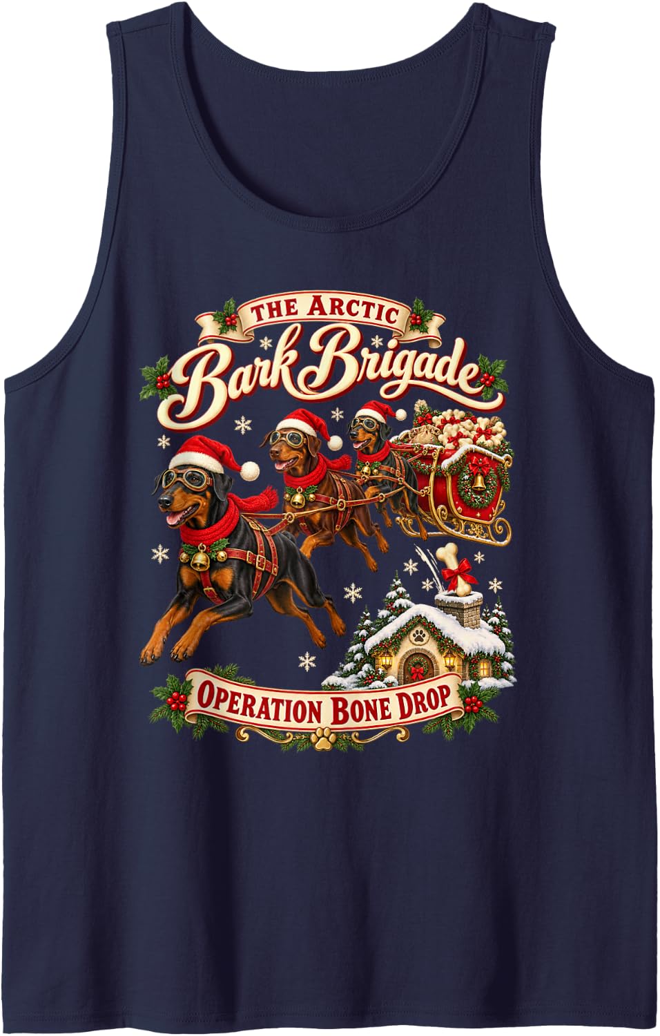 Doberman Pinscher Christmas Vintage Sleigh Dog Family Humor Sleeveless Tank Top - Navy Blue