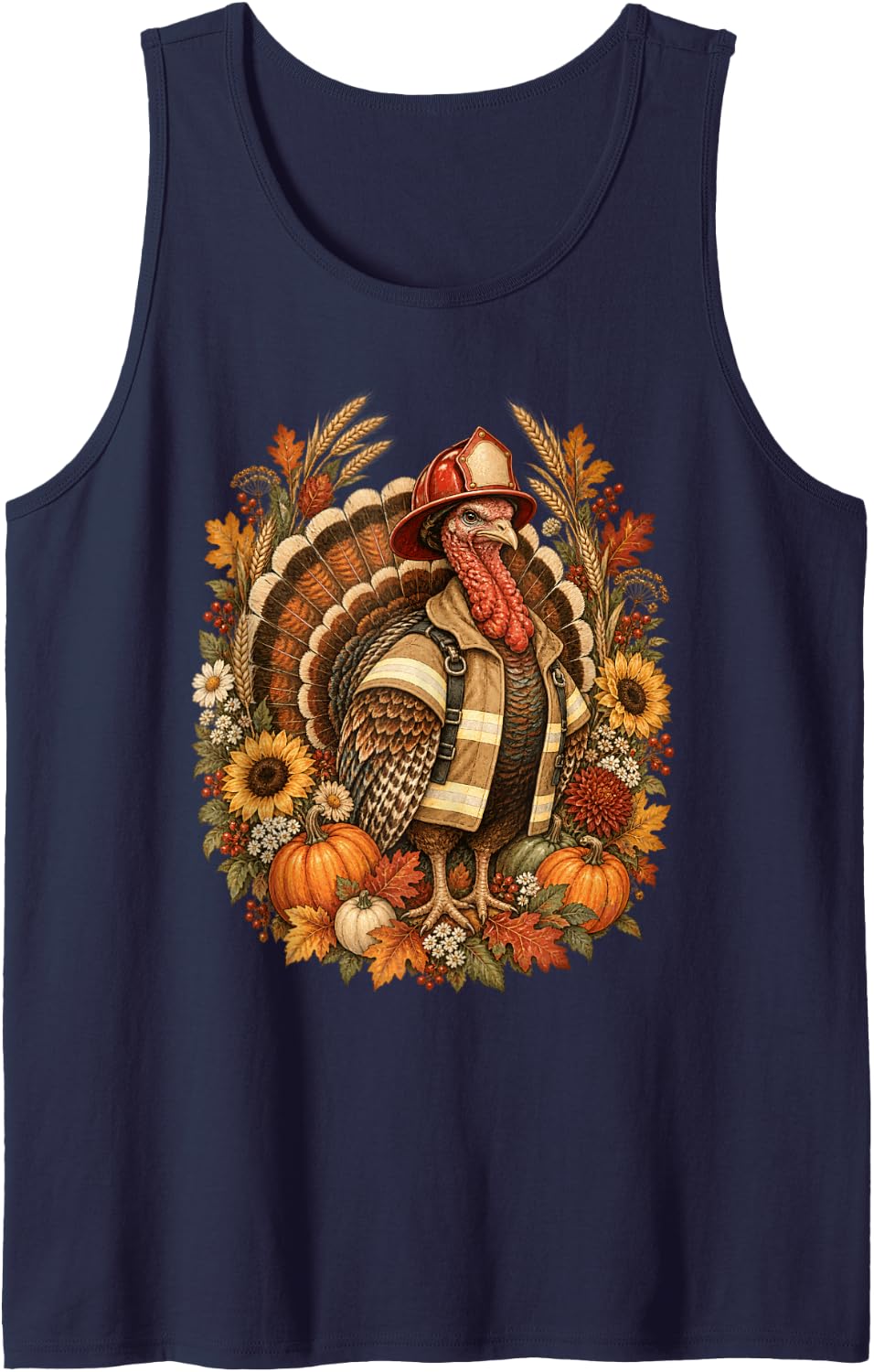 Firefighter Thanksgiving Turkey Fire Helmet Autumn Harvest Sleeveless Tank Top - Navy Blue