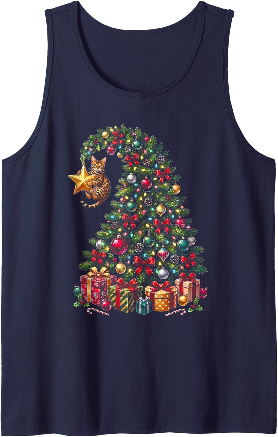 Bengal Cat Hanging from Christmas Tree Festive Funny Pet Sleeveless Tank Top - Navy Blue