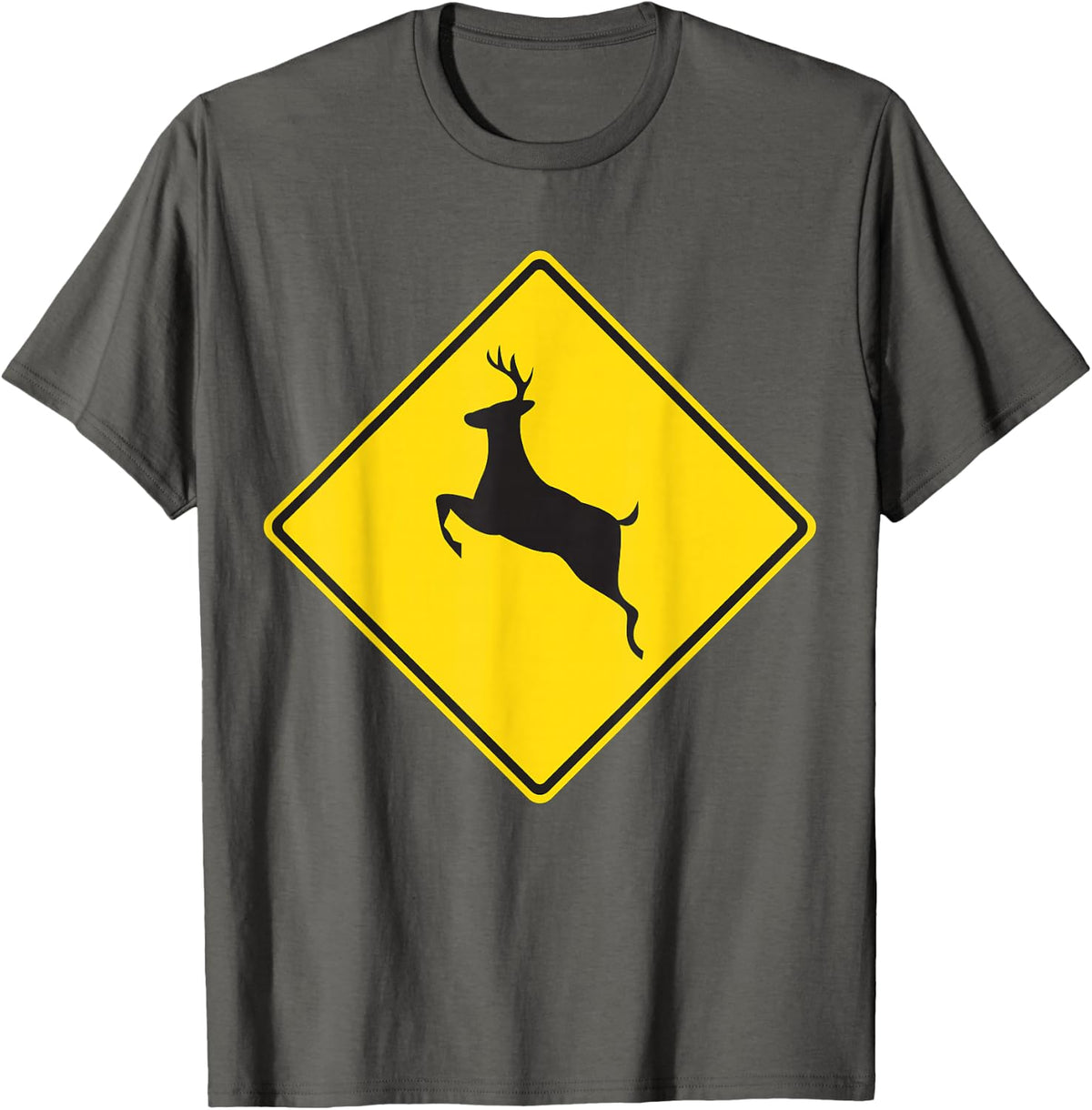 Deer Crossing Traffic Road Street Sign T-Shirt - Asphalt Grey
