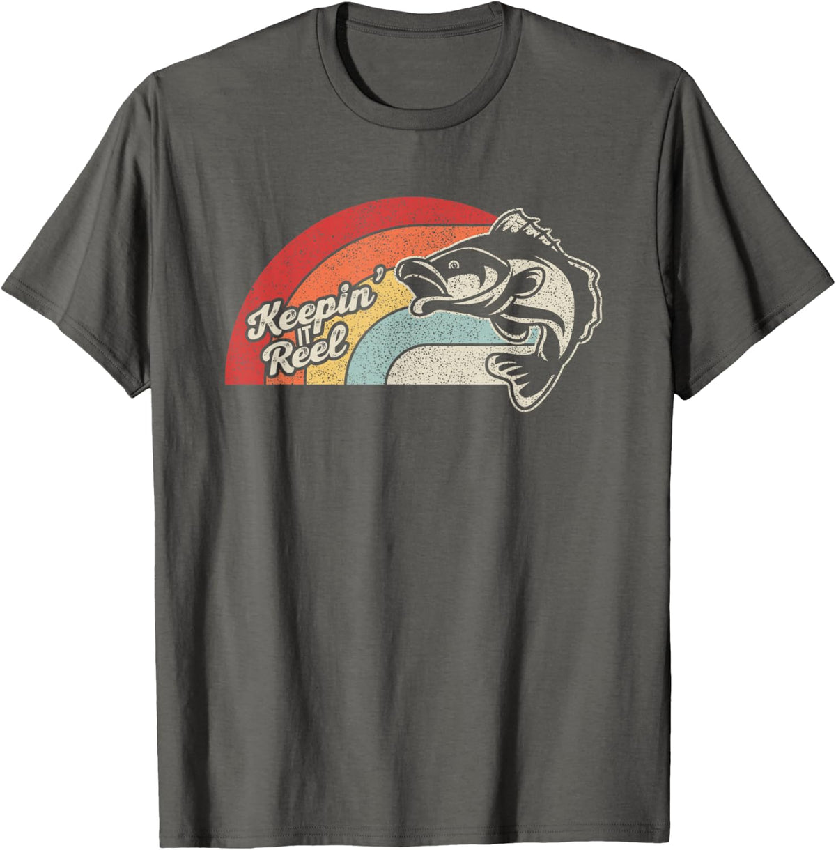 Keepin Reel Funny Fishing Retro Rainbow Bass Angler T-Shirt - Asphalt Grey