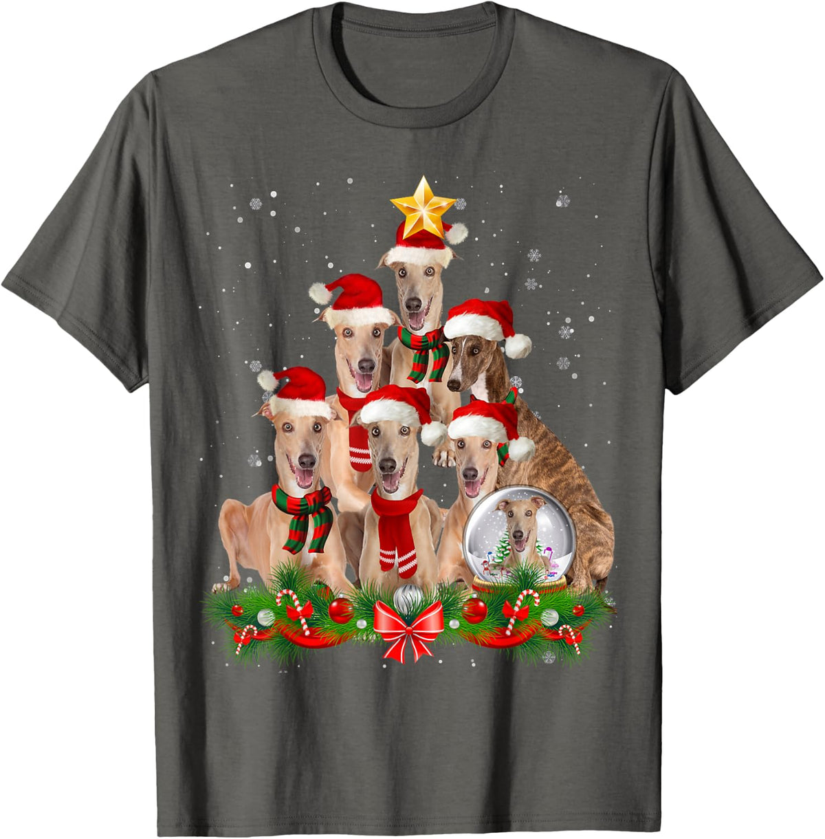 Funny Greyhound Dog Christmas Tree T-Shirt for Men Women - Asphalt Grey