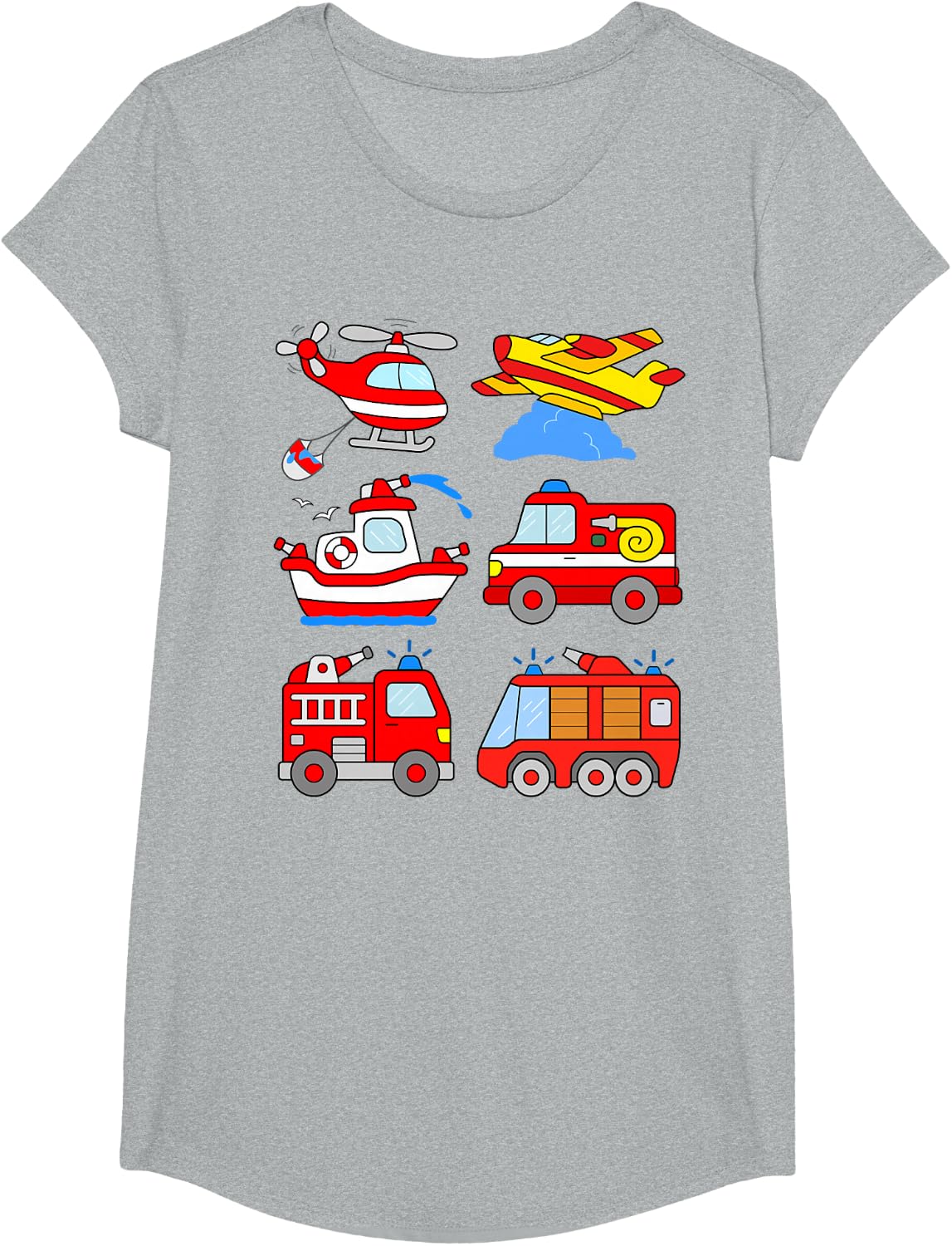 Fire Engines Boys Toddlers Firefighter Boat Plane Helicopter T-Shirt - Girls Heather Grey