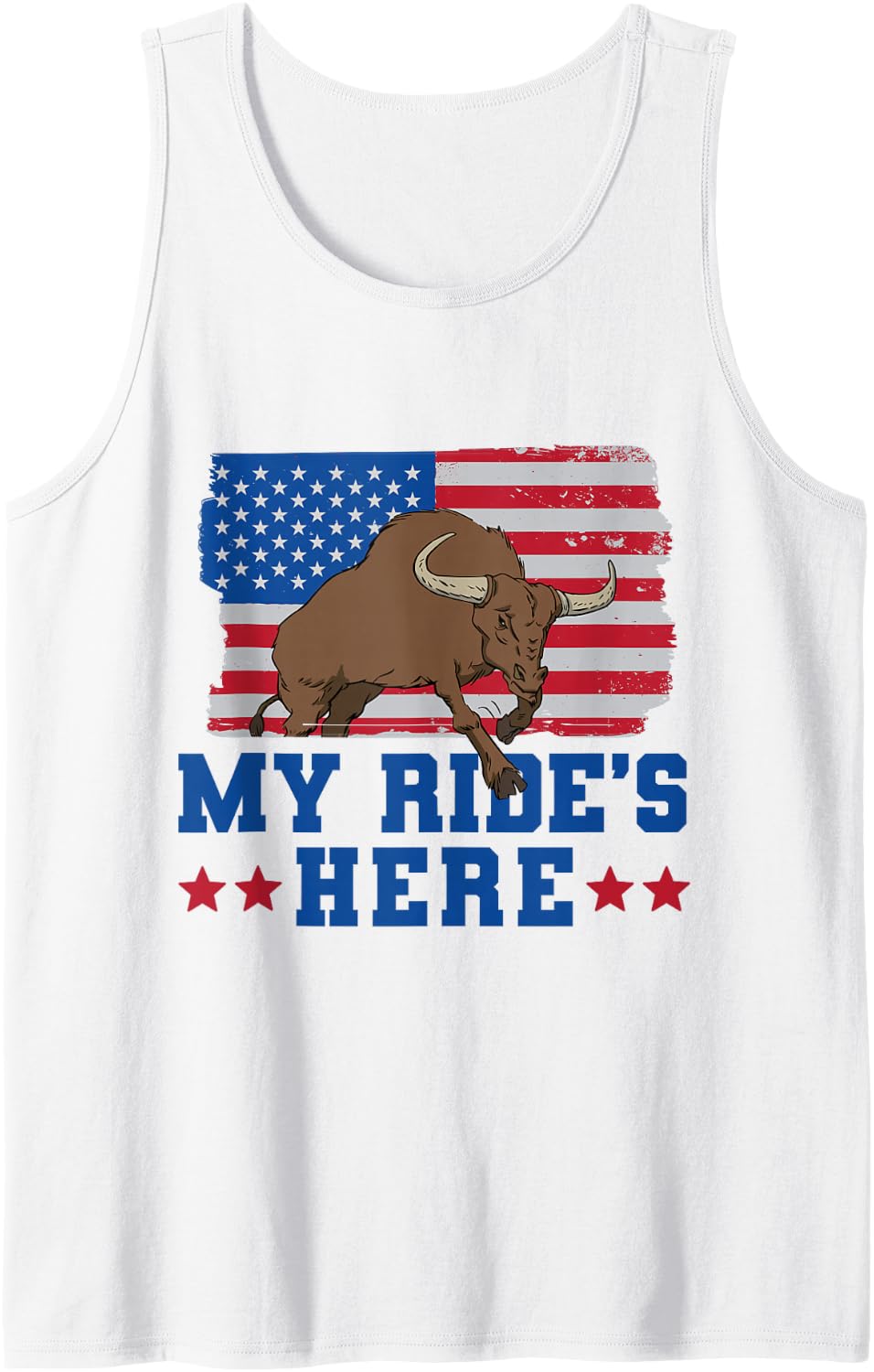My Ride is Here American Flag Bull Riding Sleeveless Tank Top - White