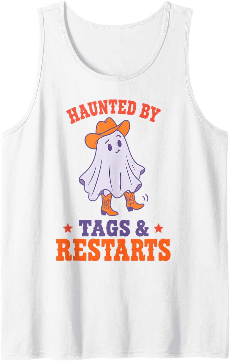Haunted Tags and Restarts Funny Line Dancing Halloween Ghost Sleeveless Tank Top - White