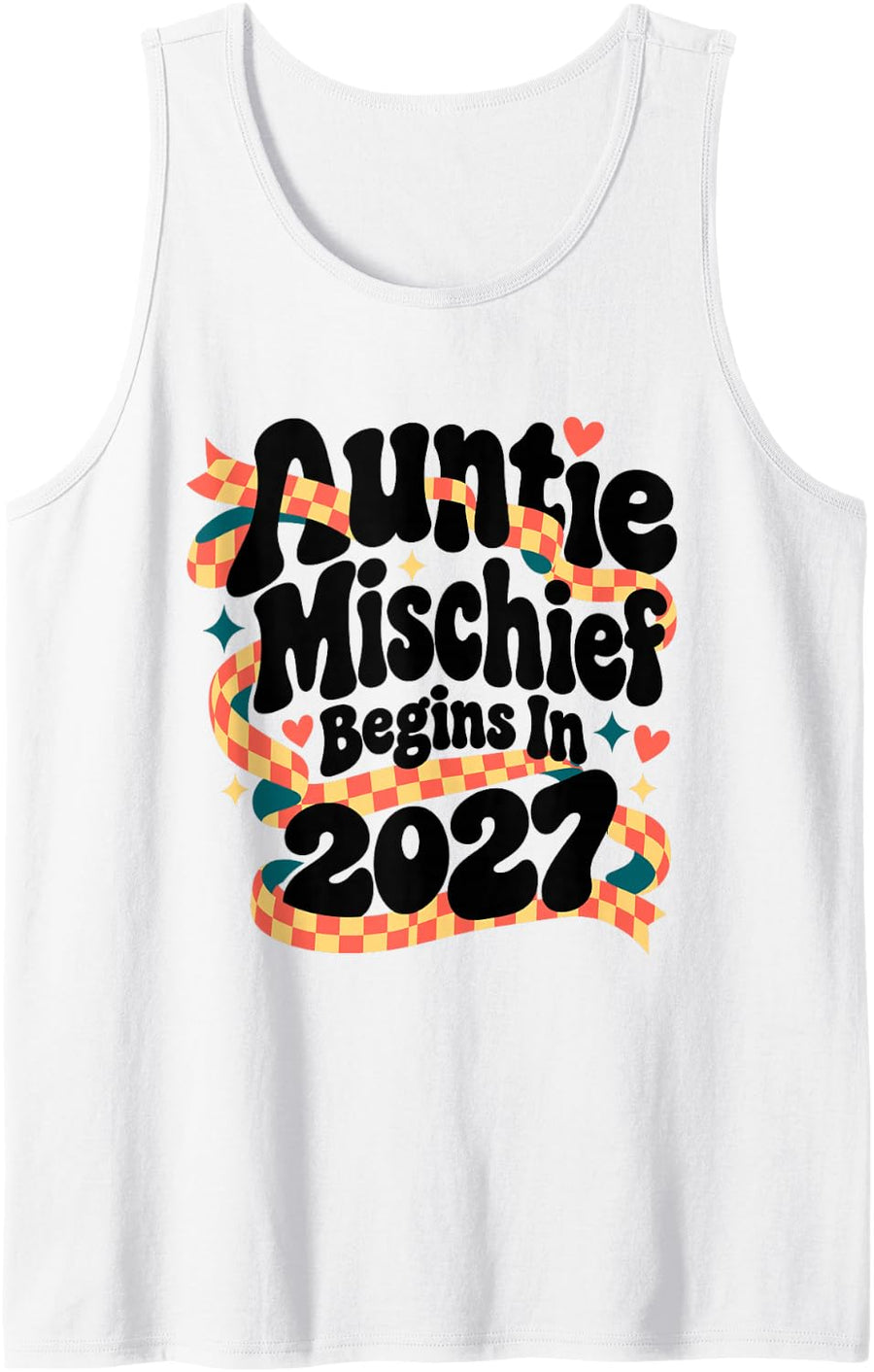 Auntie Mischief Begins in 2027 Groovy Baby Announcement Sleeveless Tank Top - White