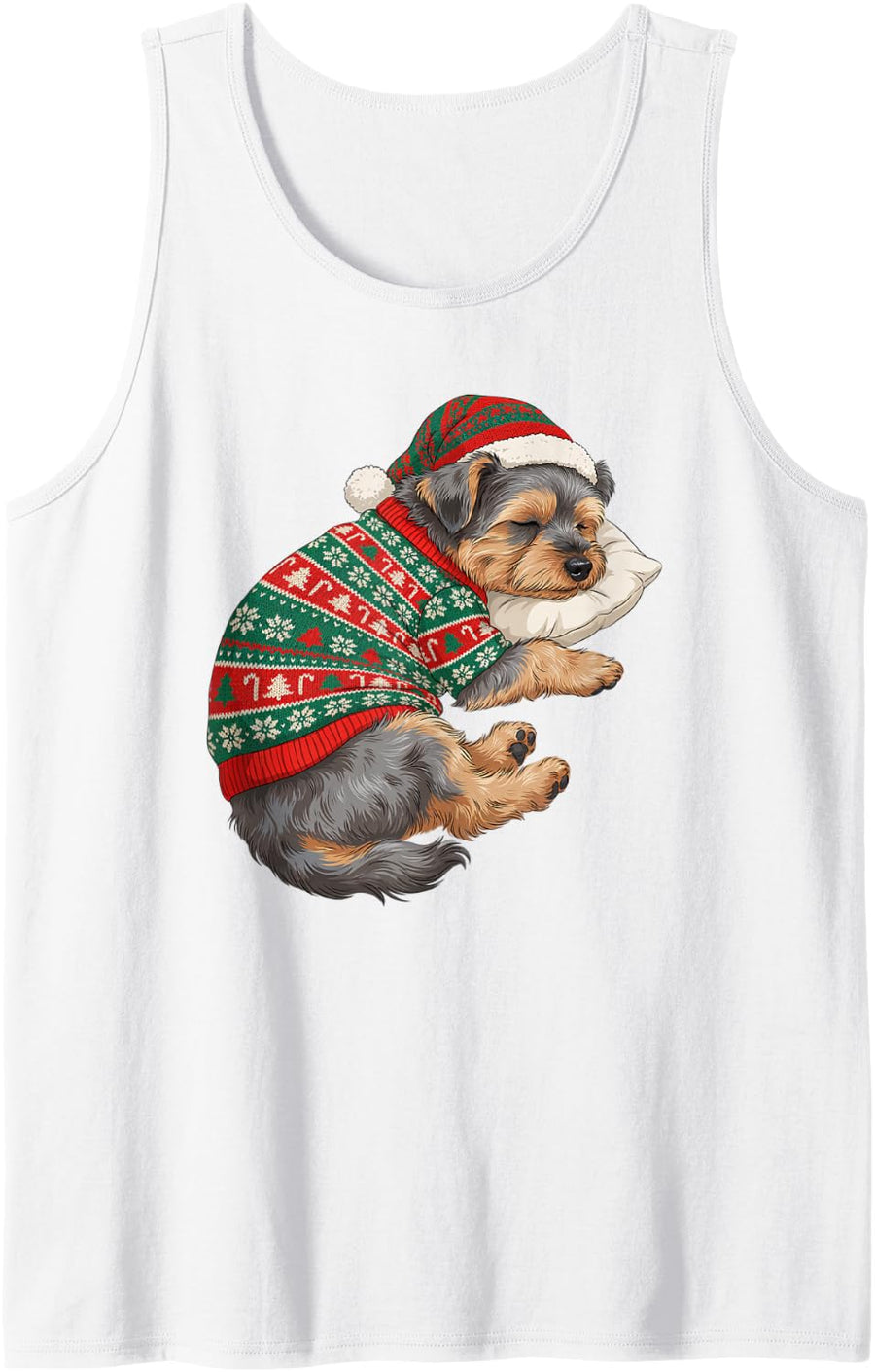 Festive Cozy Yorkie Ugly Sweater Santa Hat Dog Mom Dad Lover Sleeveless Tank Top - White