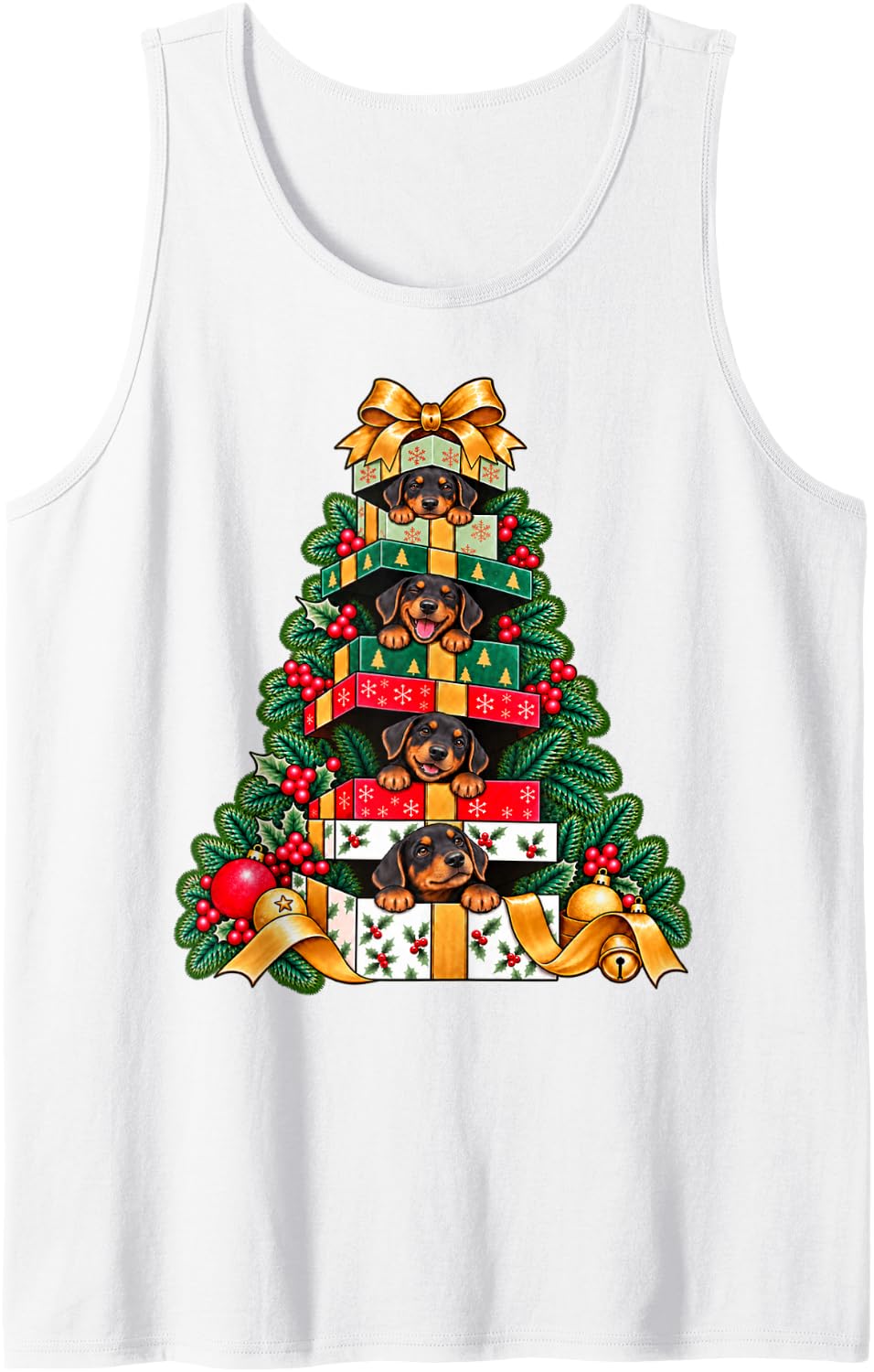 Doberman Pinscher Stacked Wrapped Box Holiday Tree Surprise Sleeveless Tank Top - White