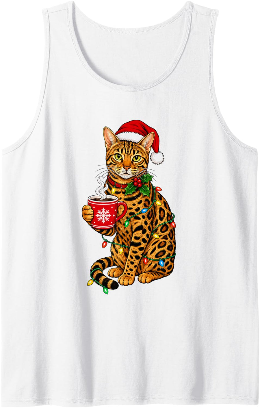 Christmas Bengal Cat Santa Coffee Sleeveless Tank Top - White