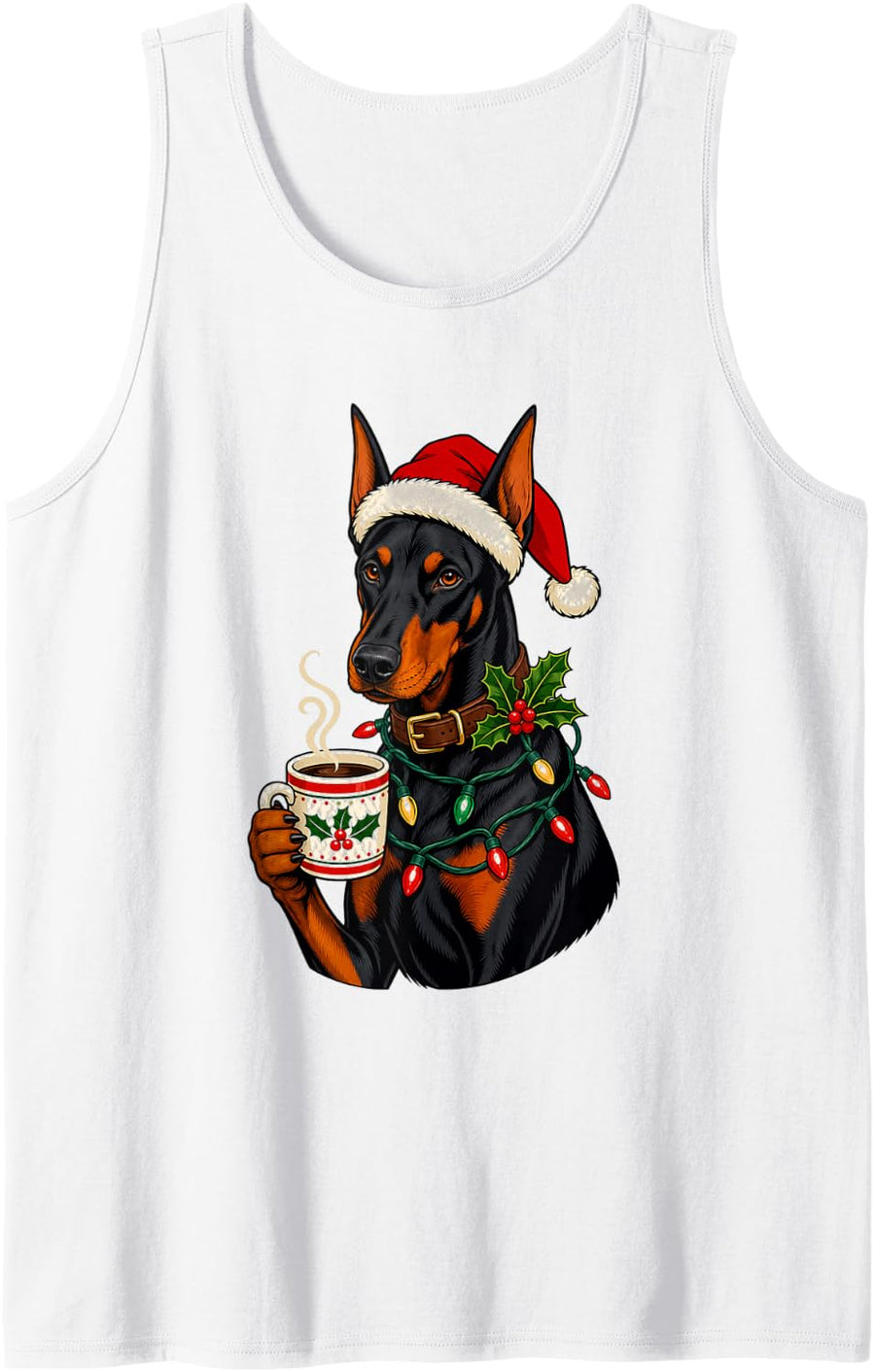 Christmas Doberman Pinscher Santa Coffee Sleeveless Tank Top - White