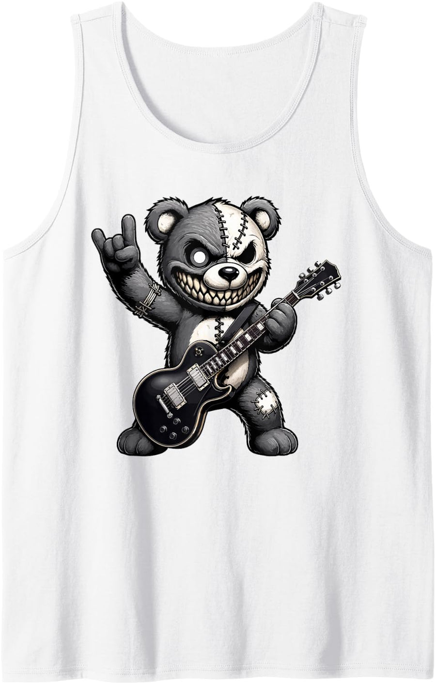Funny and Wild Rock Guitar Bear Music Art Design Sleeveless Tank Top - White