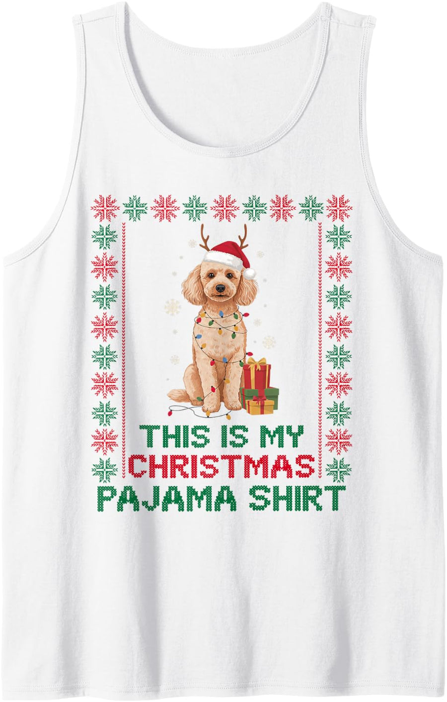 Funny Festive Poodle Reindeer Santa Lights Dog Mom Dad Lover Sleeveless Tank Top - White