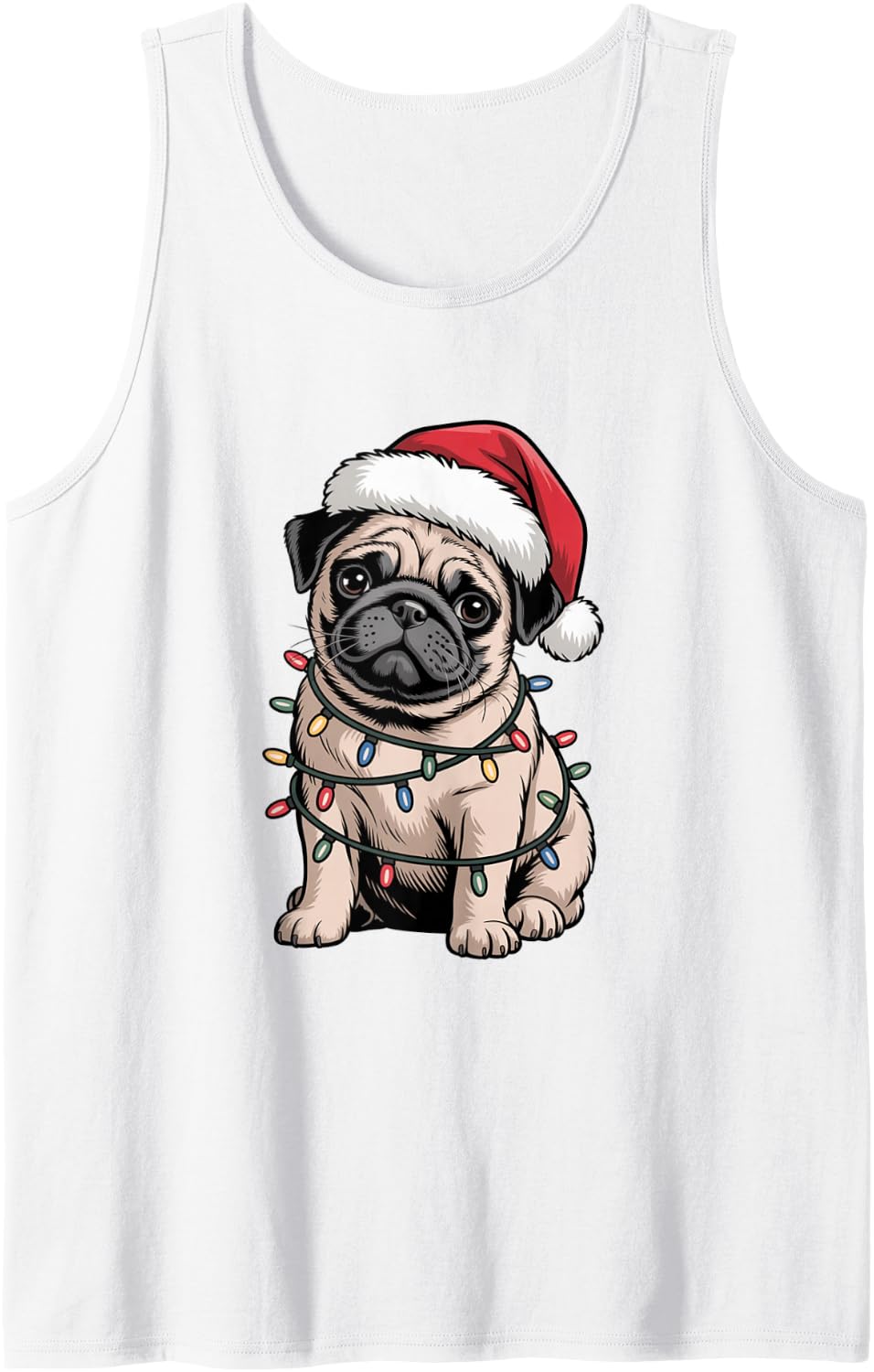 Festive Cute Pug Puppy Christmas Lights Dog Mom Dad Lover Sleeveless Tank Top - White