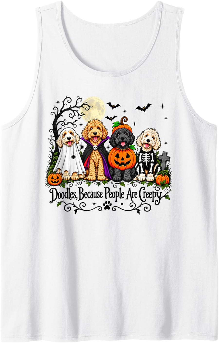 Doodles Because People are Creepy Halloween Dogs Costume Sleeveless Tank Top - White