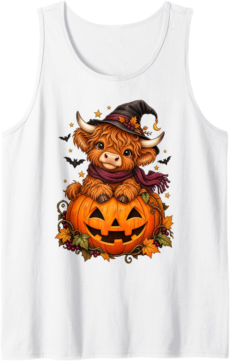 Halloween Highland Cow Witch Hat Jack O Lantern Fall Calf Sleeveless Tank Top - White