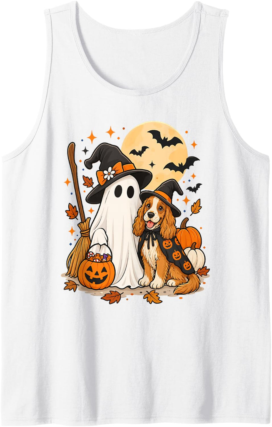English Cocker Spaniel Ghost Witch Hat Halloween Tank Top - White