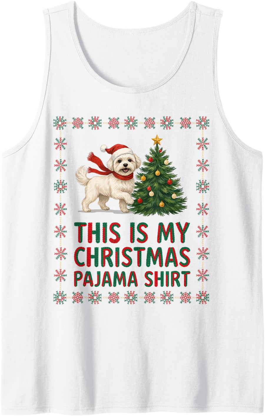 Funny Festive Maltese Christmas Tree Scarf Dog Mom Dad Lover Sleeveless Tank Top - White
